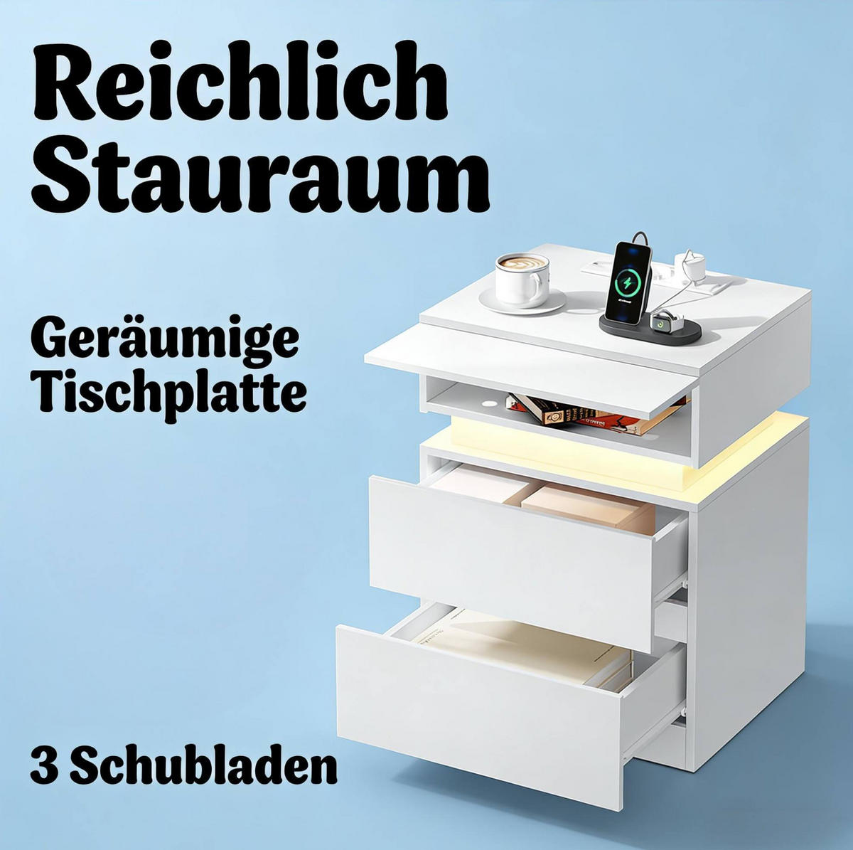 NACHTTISCH aus Holz 35x40x55 cm Weiß mit LED-Beleuchtung, Ladestation und 2 Schubladen - Weiß, Holzwerkstoff (35/55/40cm) - Modfu