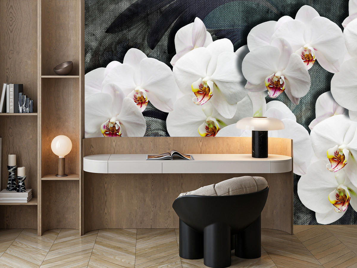 FOTOTAPETA Pre Spálňu Biele Orchidey Rustikálne Pozadie Florálna 300 x 210 cm - sivá/biela, papier (300/210cm) - Muralo