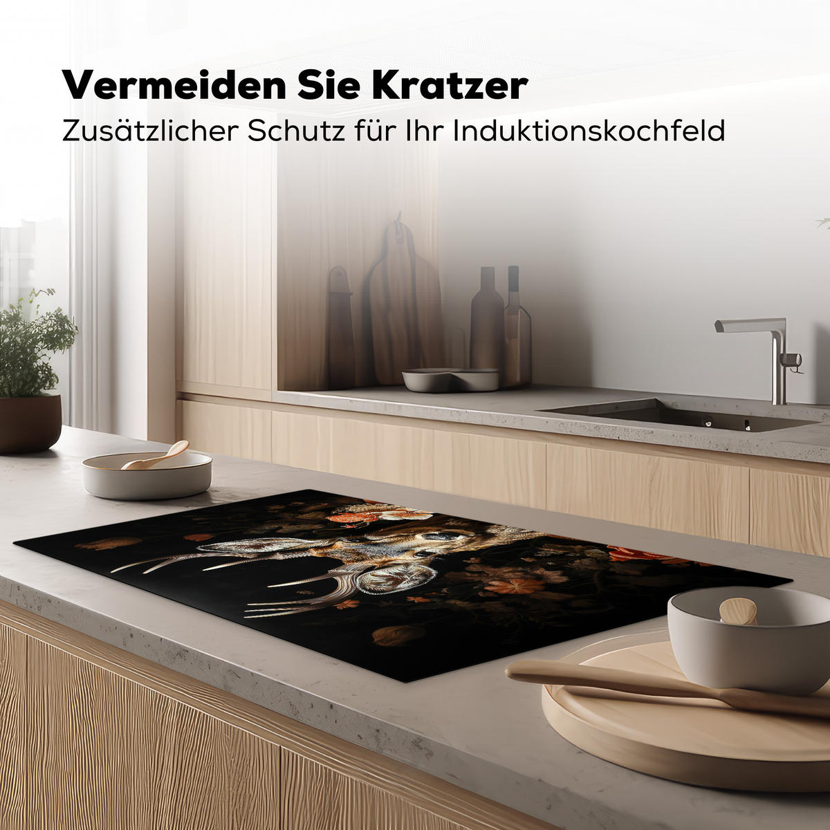 HERDABDECKPLATTE Hirsch - Tier - Blumen - Natur - Botanisch 91x52 cm - Kupferfarben, Kunststoff (91.2/52/0.2cm) - MuchoWow