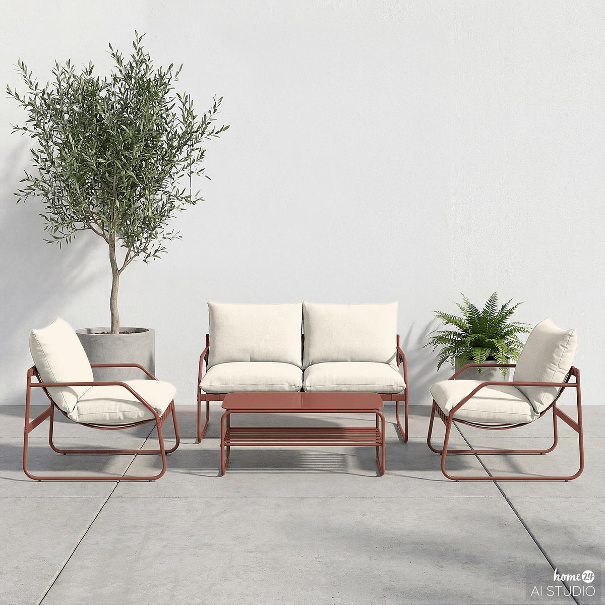 LOUNGEGRUPPE - 4-teilig - Stahl / Webstoff - Terracotta, Glas/Textil - home24