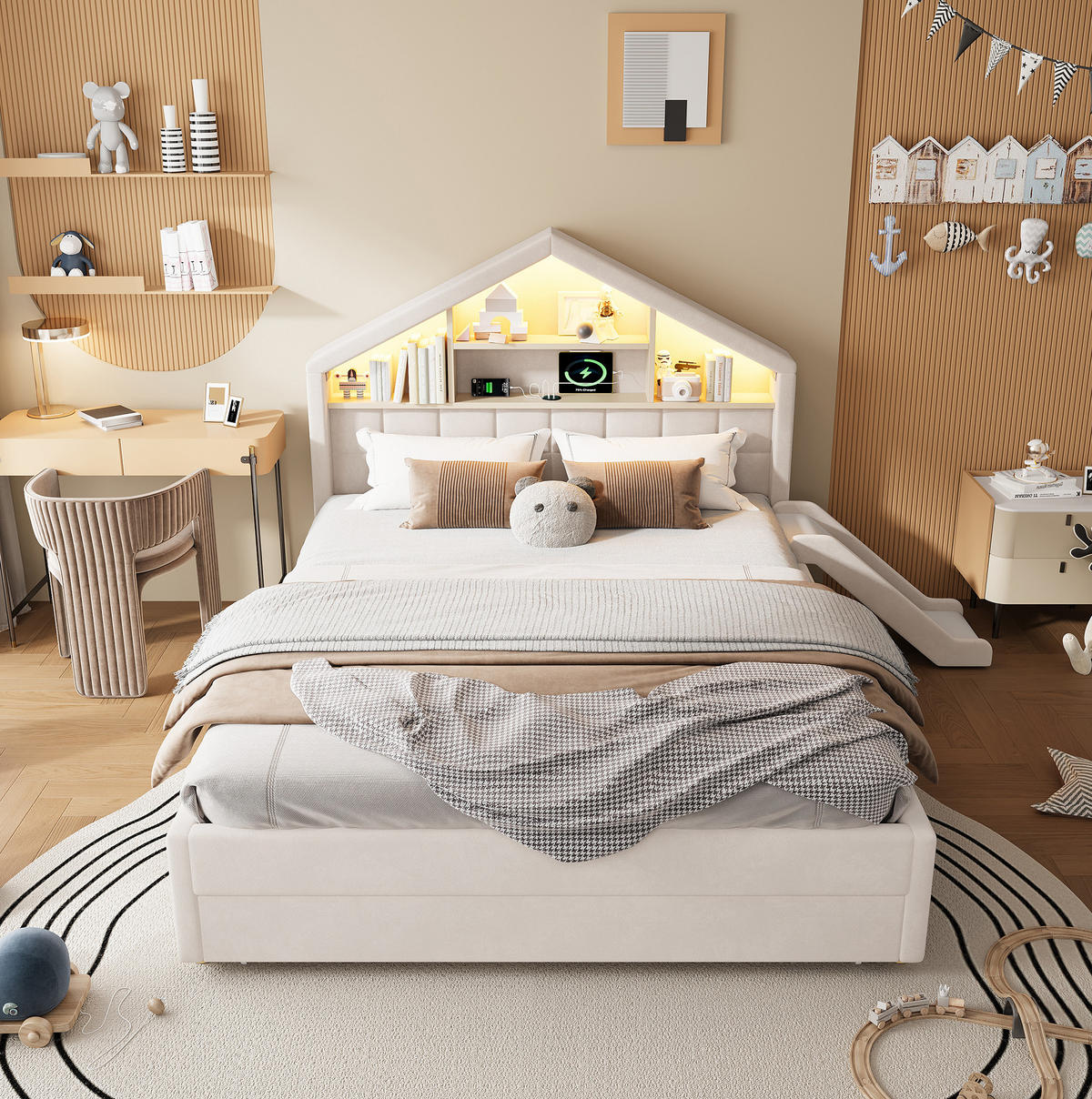 KINDERBETT aus Velvet 140x200 cm Beige mit Rutsche, LED-Beleuchtung, Ladeanschluss und Bettkasten - Beige, Textil (140/200cm) - Modfu