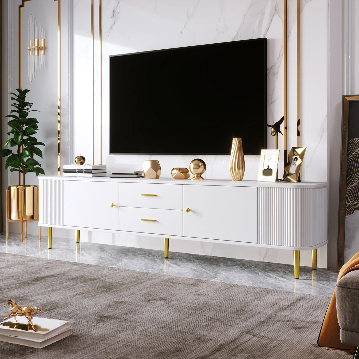 TV-ELEMENT170X34X45CM Weiß mit goldenen Beinen und abgerundeten Ecken - Weiß, Holz (40.64/34.29/57.15cm) - Raelunyi