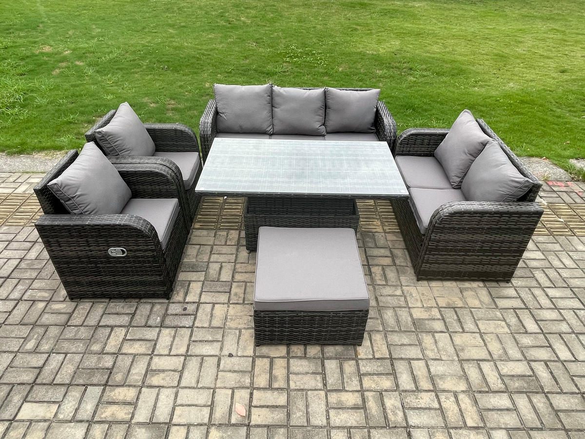 GARTENSOFA SETT Polyrattan 8-Sitzer - Dunkelgrau/Grau, Glas/Kunststoff - Fimous