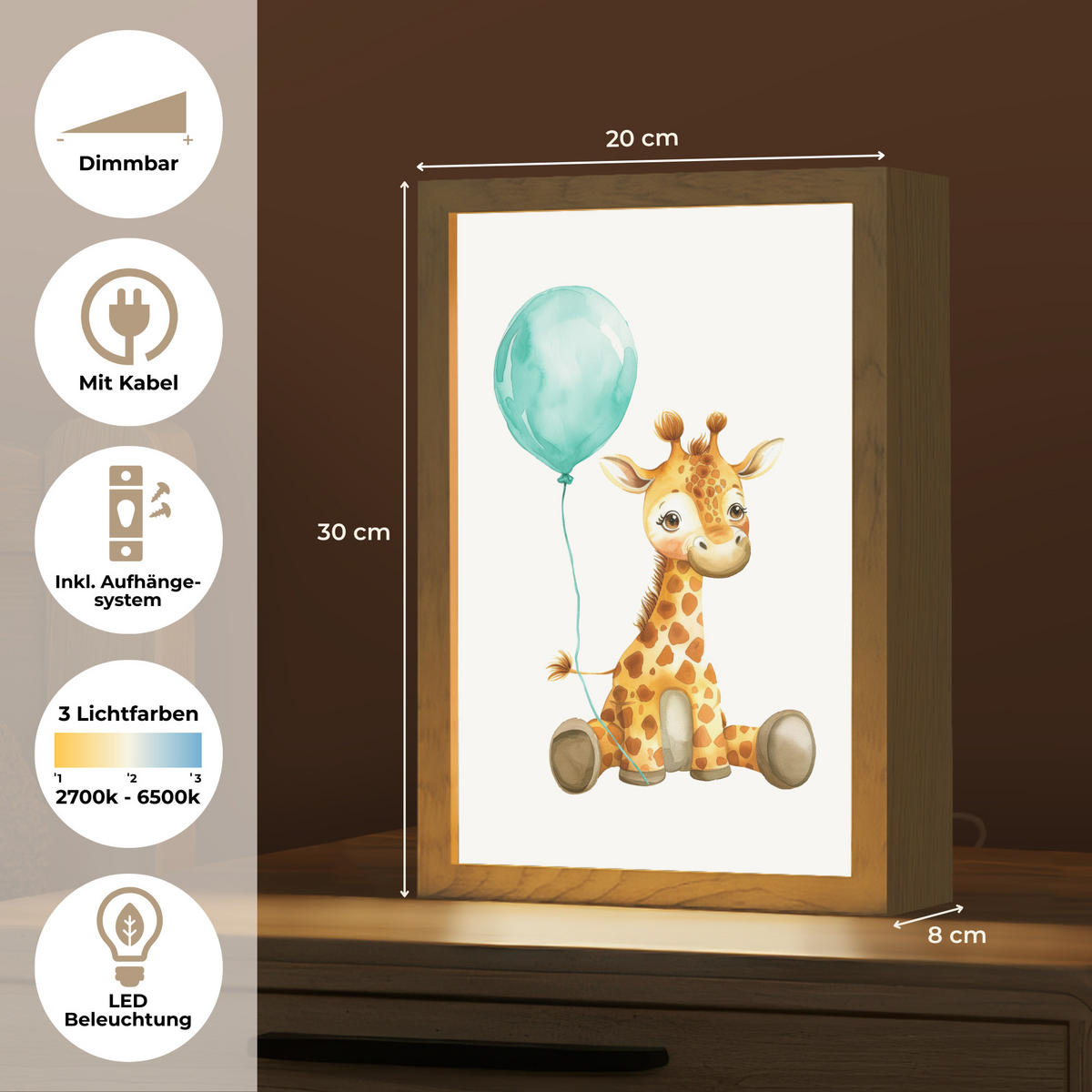 NACHTTISCHLAMPE Giraffe - Baby - Tiere - Blauer Ballon 20x30 cm - Weiß, Holzwerkstoff (8/20/30cm)
