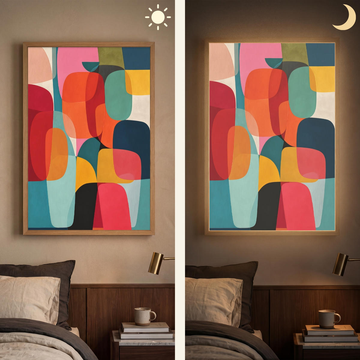 NÁSTĚNNÁ LAMPA S AKUMULÁTOREM Tvary - barevné - abstraktní - letadla 60x90 cm - různobarevná, kompozitní dřevo (60/90/8cm) - OnlyWow