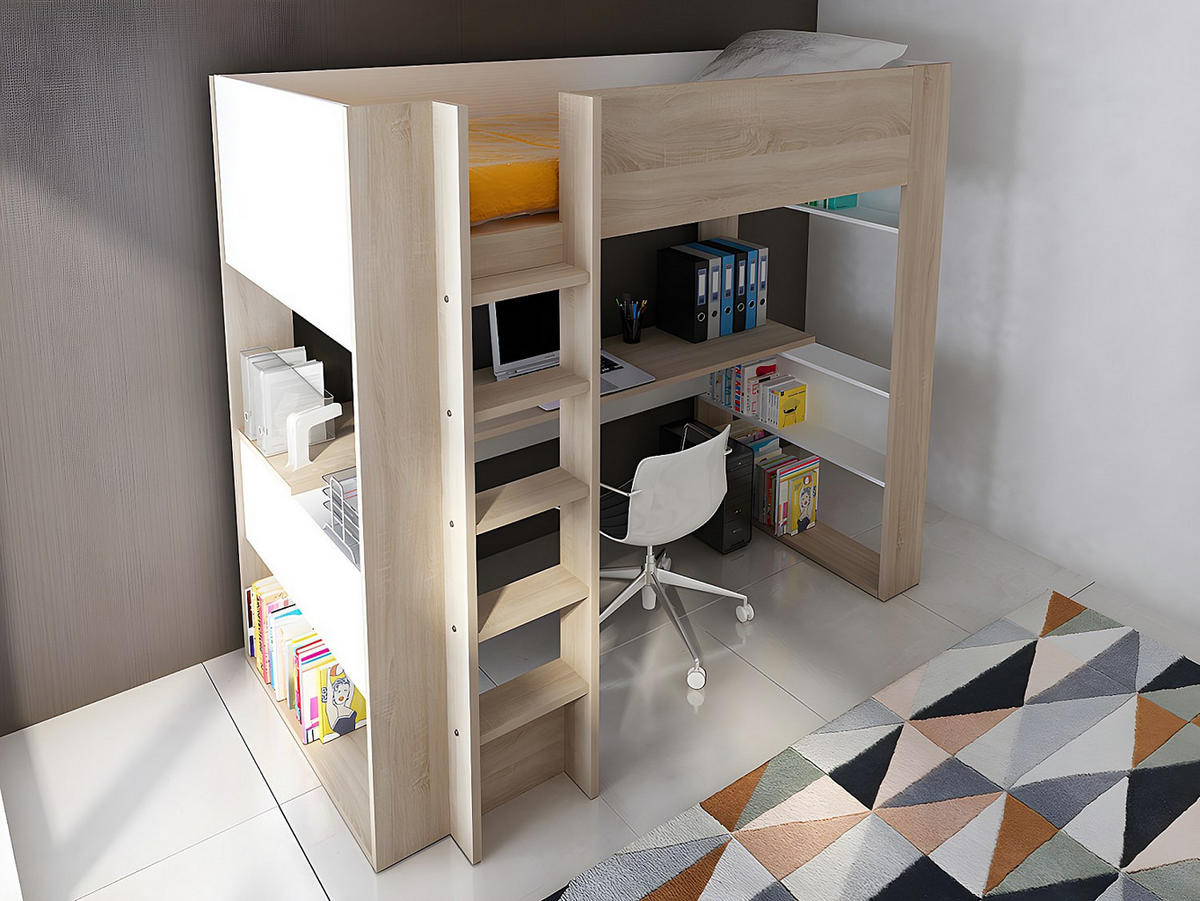 HOCHBETT mit Schreibtisch & Stauraum - 90 x 200 cm - Eichefarben & Weiß - NOAH II - Naturfarben, Holz (110/206cm) - Vente-Unique