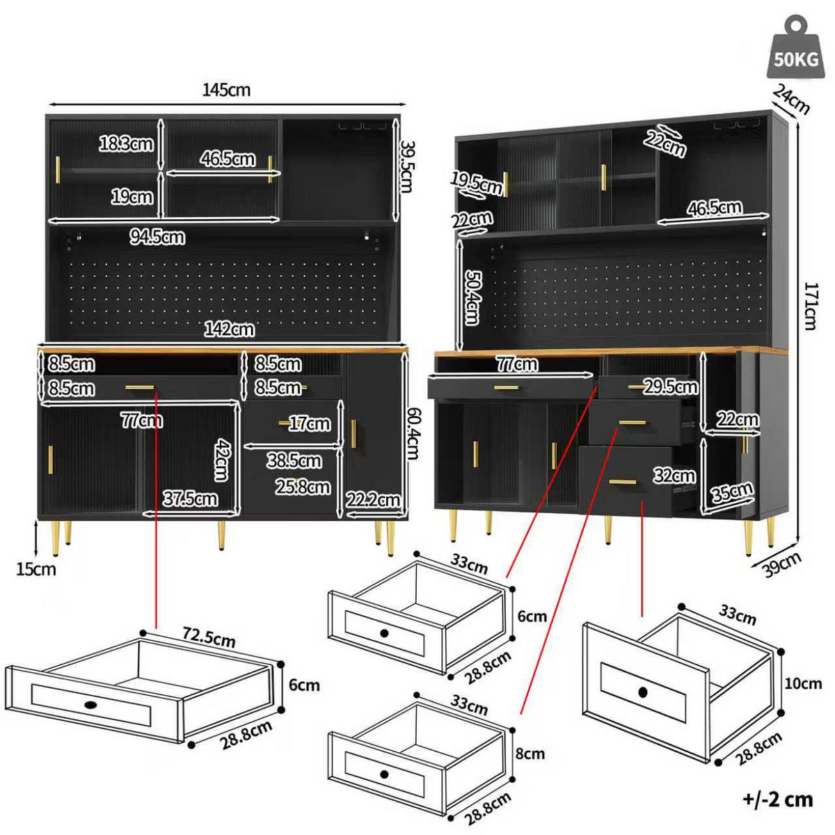GESCHIRRSCHRANK aus MDF & Glas 145x39x171cm in Schwarz mit APP-LED - Schwarz, Holzwerkstoff (145/171/39cm) - Modfu