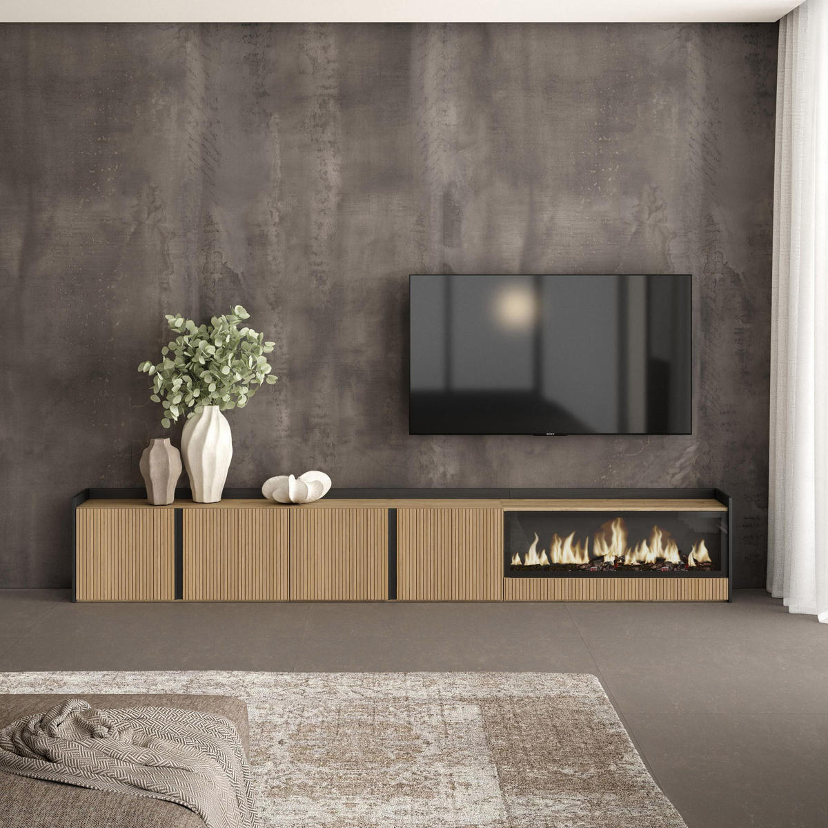 LOWBOARD, Eiche und Schwarz, 315/35/50cm, Elektrokamin XXL - Eichefarben, Holzwerkstoff (315/50/35cm) - Skraut Home