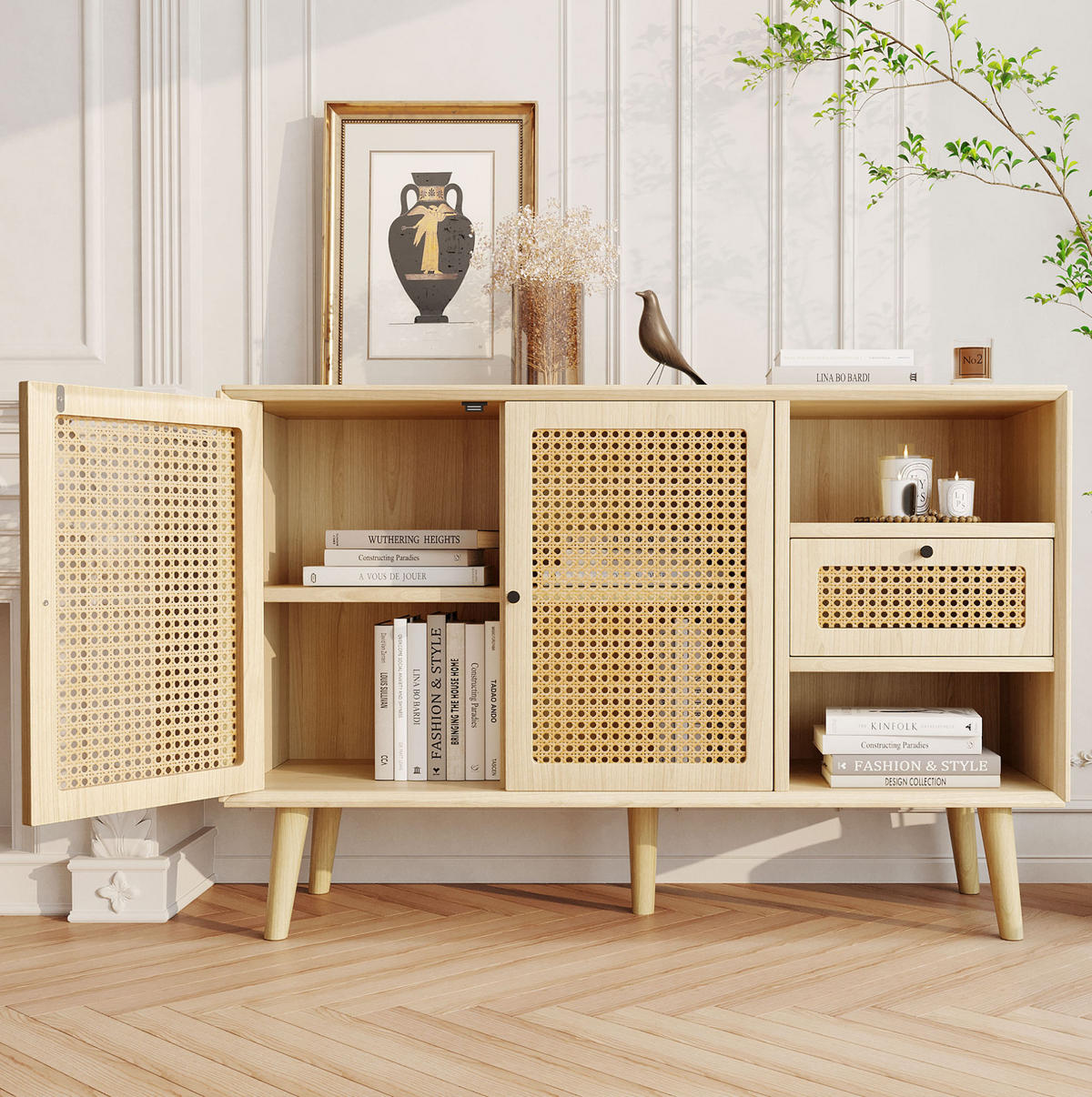 SIDEBOARD 120/40/80 cm in Eiche mit Rattangeflecht, 1 Schublade und 2 Türen - Eichefarben, Holzwerkstoff (120/80/40cm) - Flora Grace