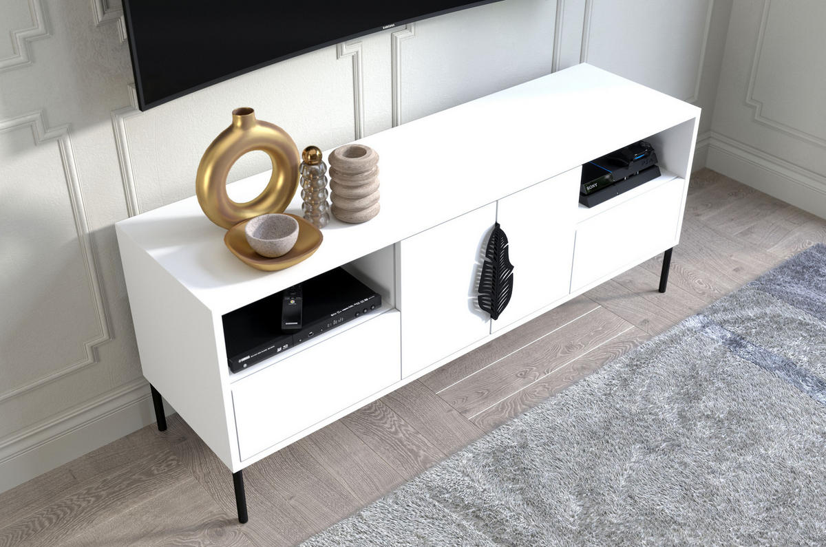 LOWBOARD Merlin, Weiß, Schwarze Details - Schwarz/Weiß, Holzwerkstoff/Metall (138/60/40cm) - Skandica