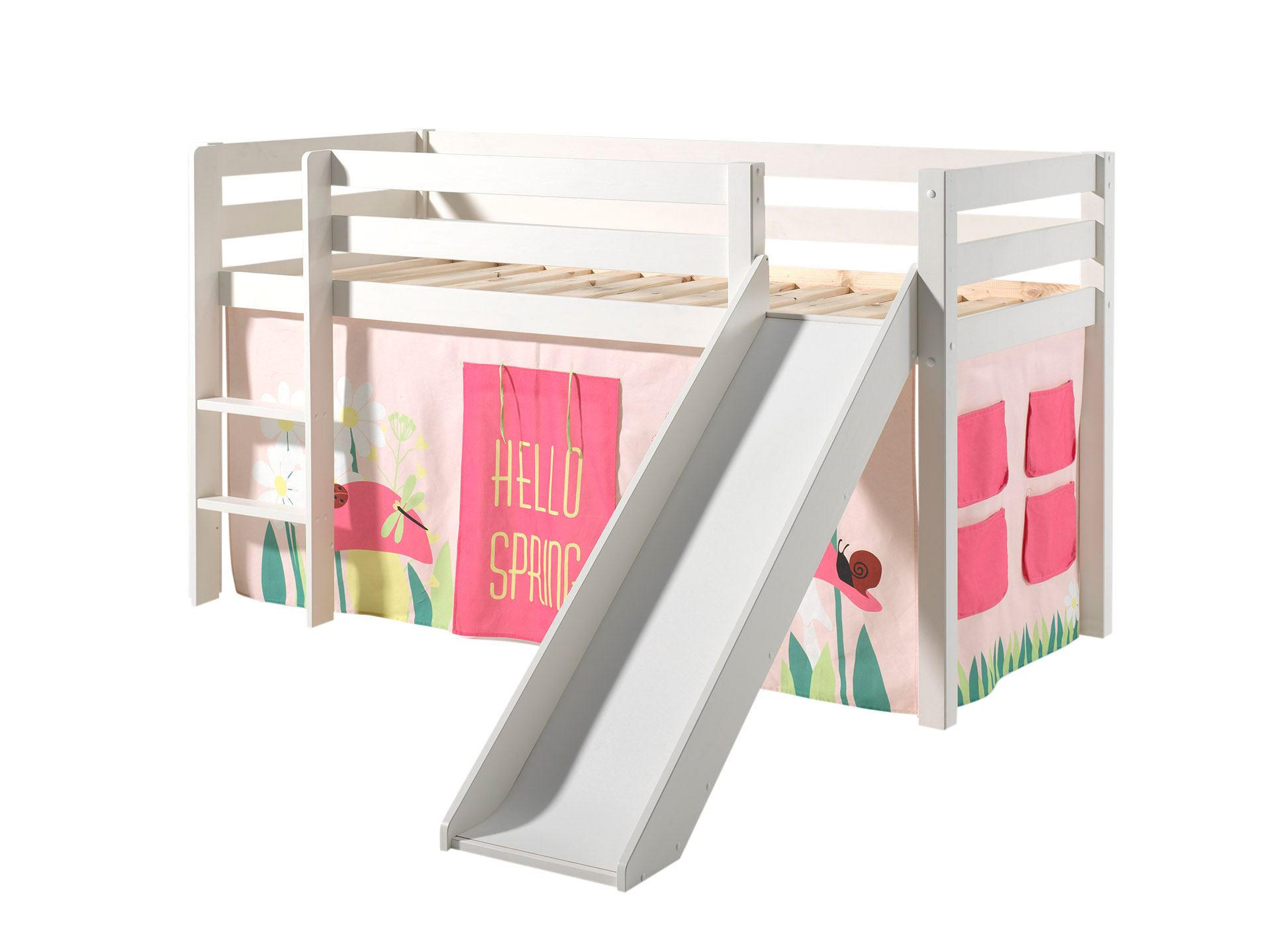 HOCHBETT mit Rutsche Karolina Massivholz Weiß Textilset Spring 1 - Hellrosa/Weiß, Holz (90/200cm) - 58aufmkessel