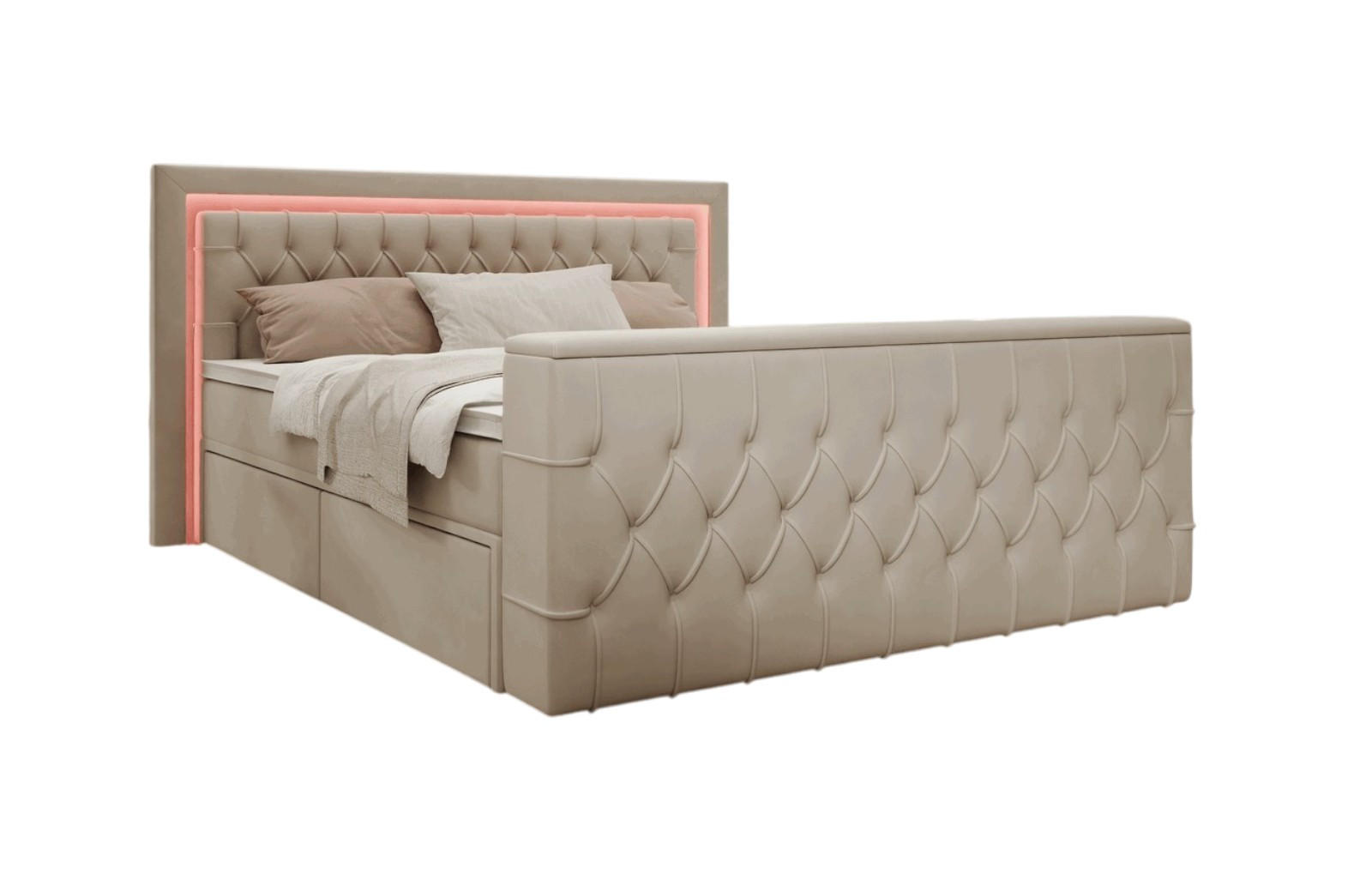 BOXSPRINGBETT Arosa TV mit Schubladen und Topper, TV-Lift, LED Beleuchtung, Samt, 180x200 cm, Beige - Beige, Holz - PROMETO Möbel