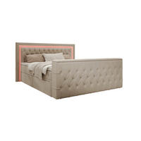 BOXSPRINGBETT Arosa TV mit Schubladen und Topper, TV-Lift, LED Beleuchtung, Samt, 180x200 cm, Beige - Beige, Holz - PROMETO Möbel