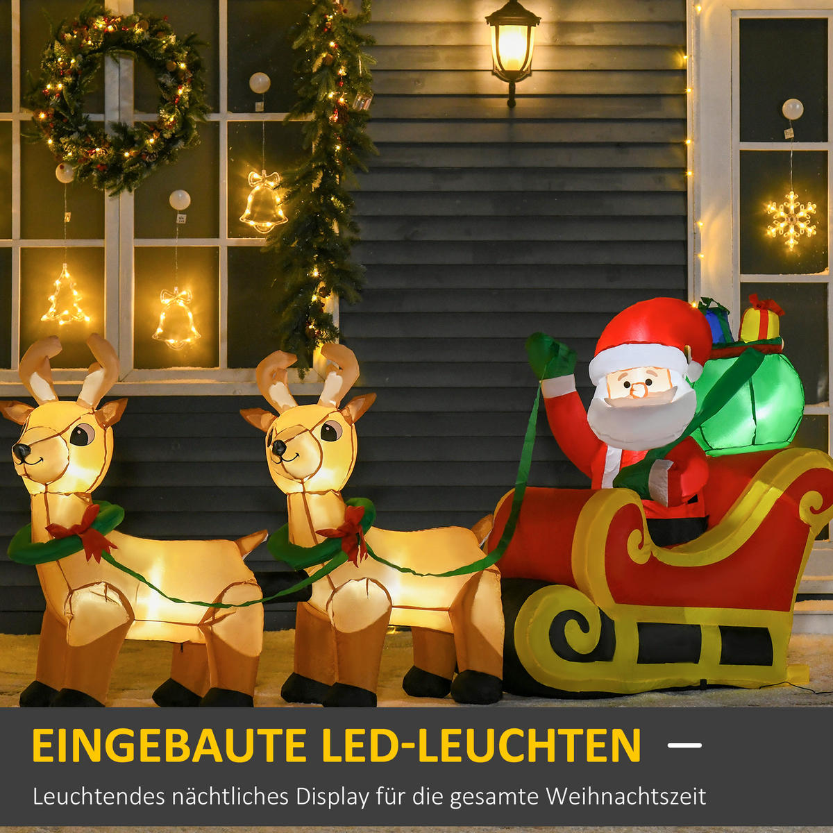 AUFBLASBARER Weihnachtsmann mit Rentieren und Schlitten Rot 240.0/57.0/112.0cm - Rot, Textil (57/112/240cm)