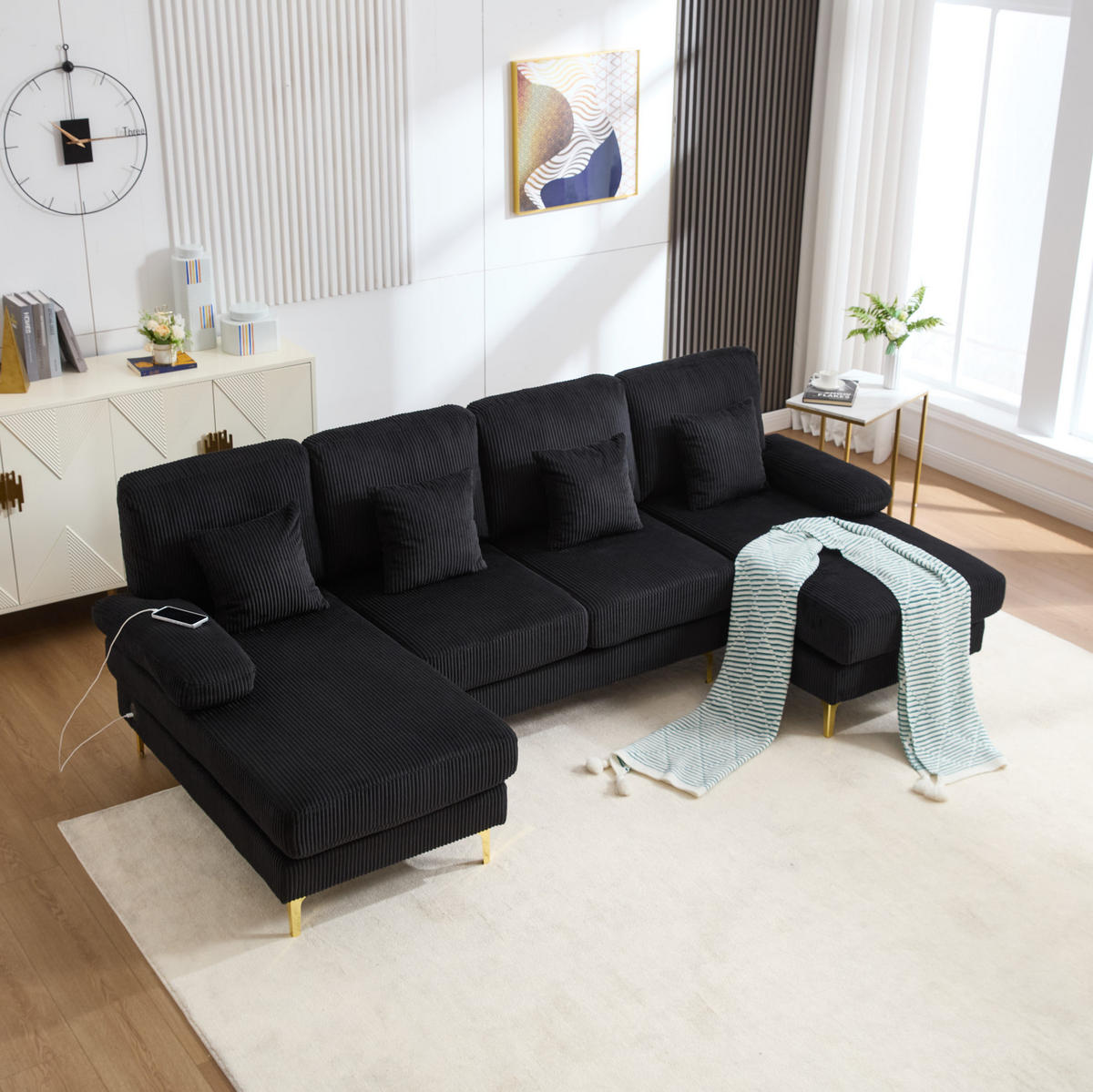 U-SOFA Wohnlandschaft Samt mit LED-Beleuchtung und USB-Anschluss 265/135/88 cm Schwarz - Schwarz, Textil (135/88/265cm) - Redom