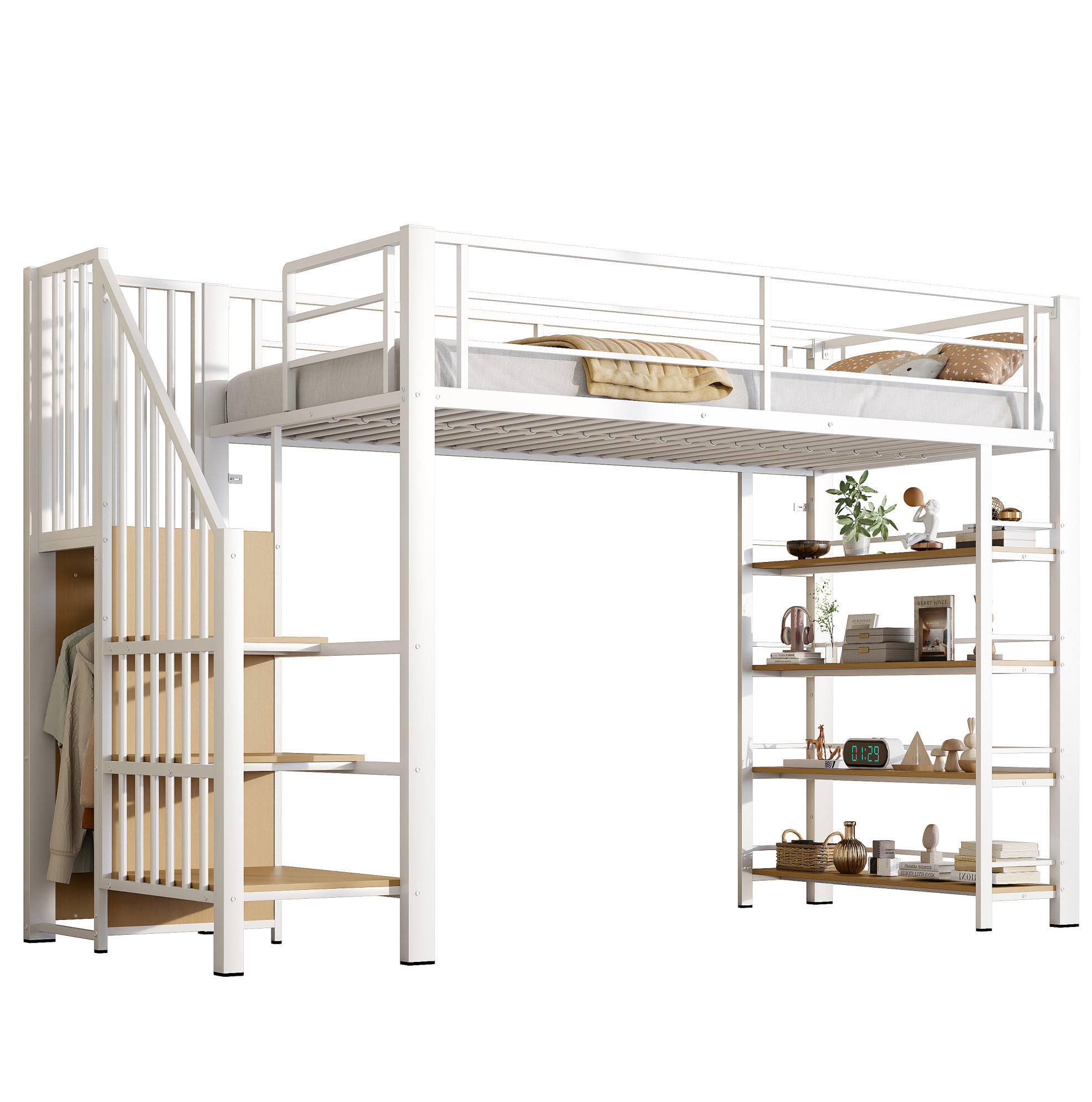 HOCHBETT 90/200 cm aus Metall und MDF mit Treppe, Kleiderschrank und Regalfächern Weiß - Weiß, Metall (90/200cm) - Modenvie