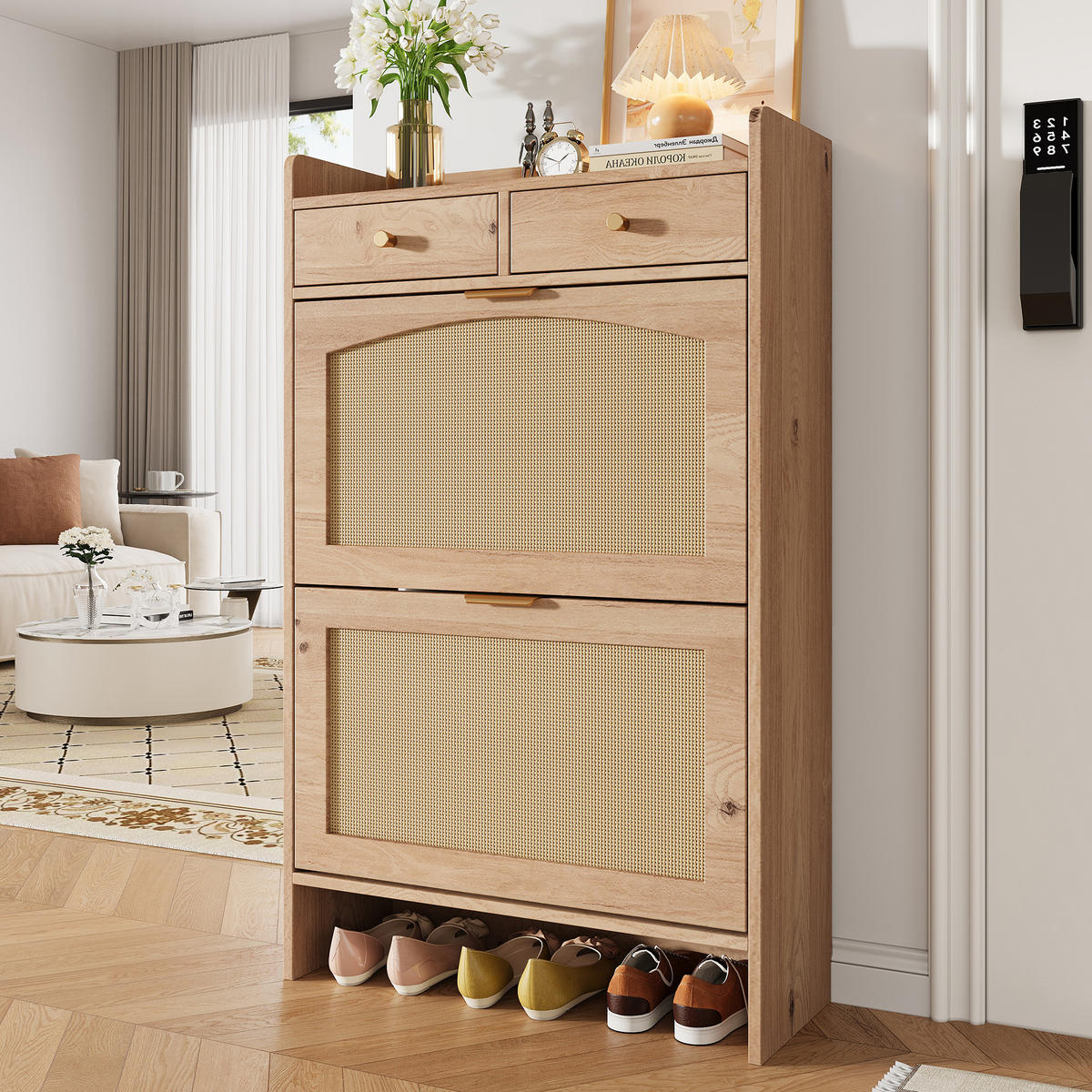 SCHUHSCHRANK 65x25x106cm Holzoptik mit Rattan-Doppeltüren - Naturfarben, Holzwerkstoff (65/106/25cm) - FLIEKS