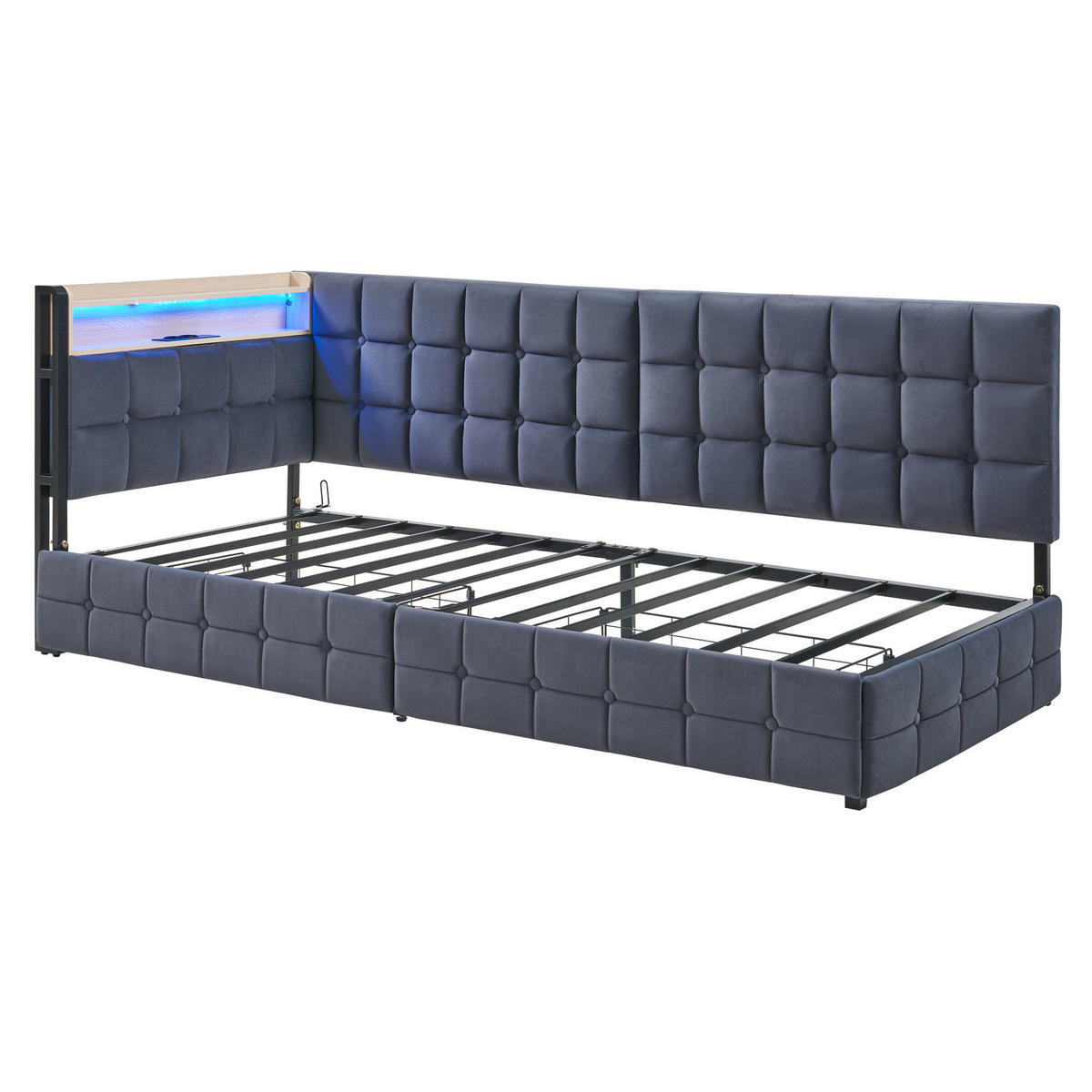 POLSTERBETT 90/200 cm grau mit 2 Schubladen und LED-Lampe - Dunkelgrau, Textil (90/200cm) - OKWISH