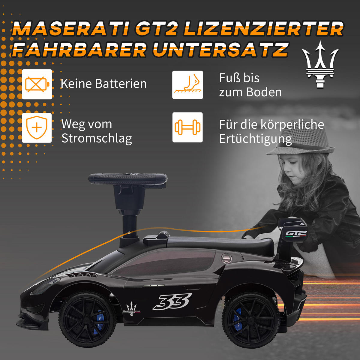 RUTSCHAUTO, Maserati, Hupe & Musik, Flüsterreifen, für 1,5 bis 5 Jahre, bis 25 kg, Schwarz - Schwarz, Kunststoff/Metall (65/29/37cm) - AIYAPLAY