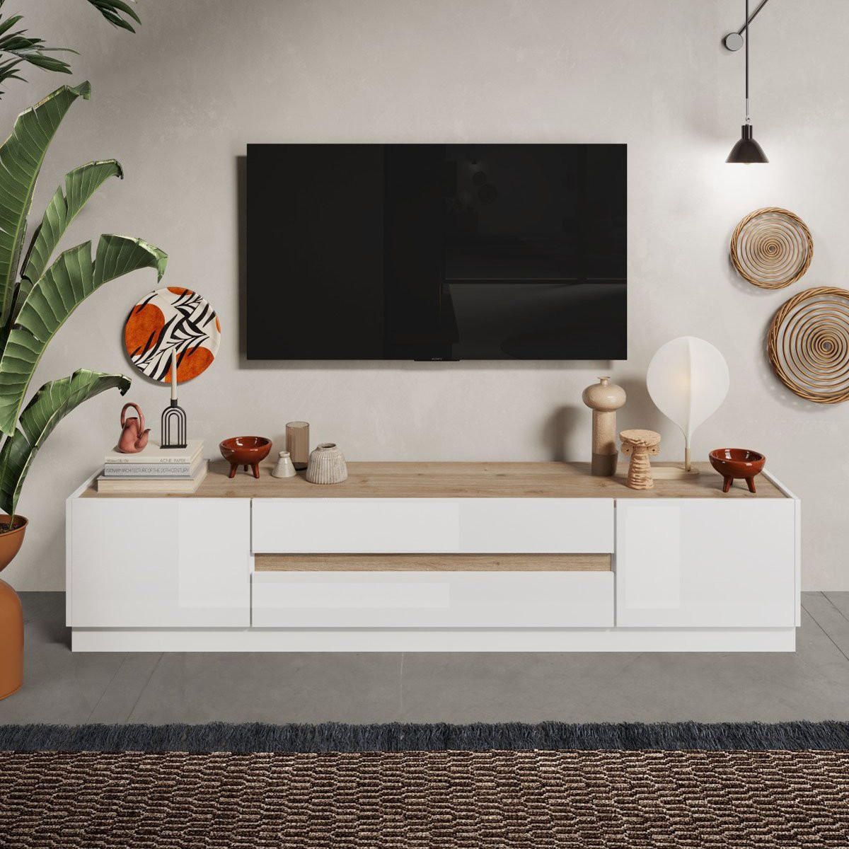 TV-MÖBEL - 2 Türen & 2 Schubladen - Weiß lackiert und Holzfarben - EMORA - Naturfarben, Holz (39.8/43.2/204.7cm) - Vente-Unique