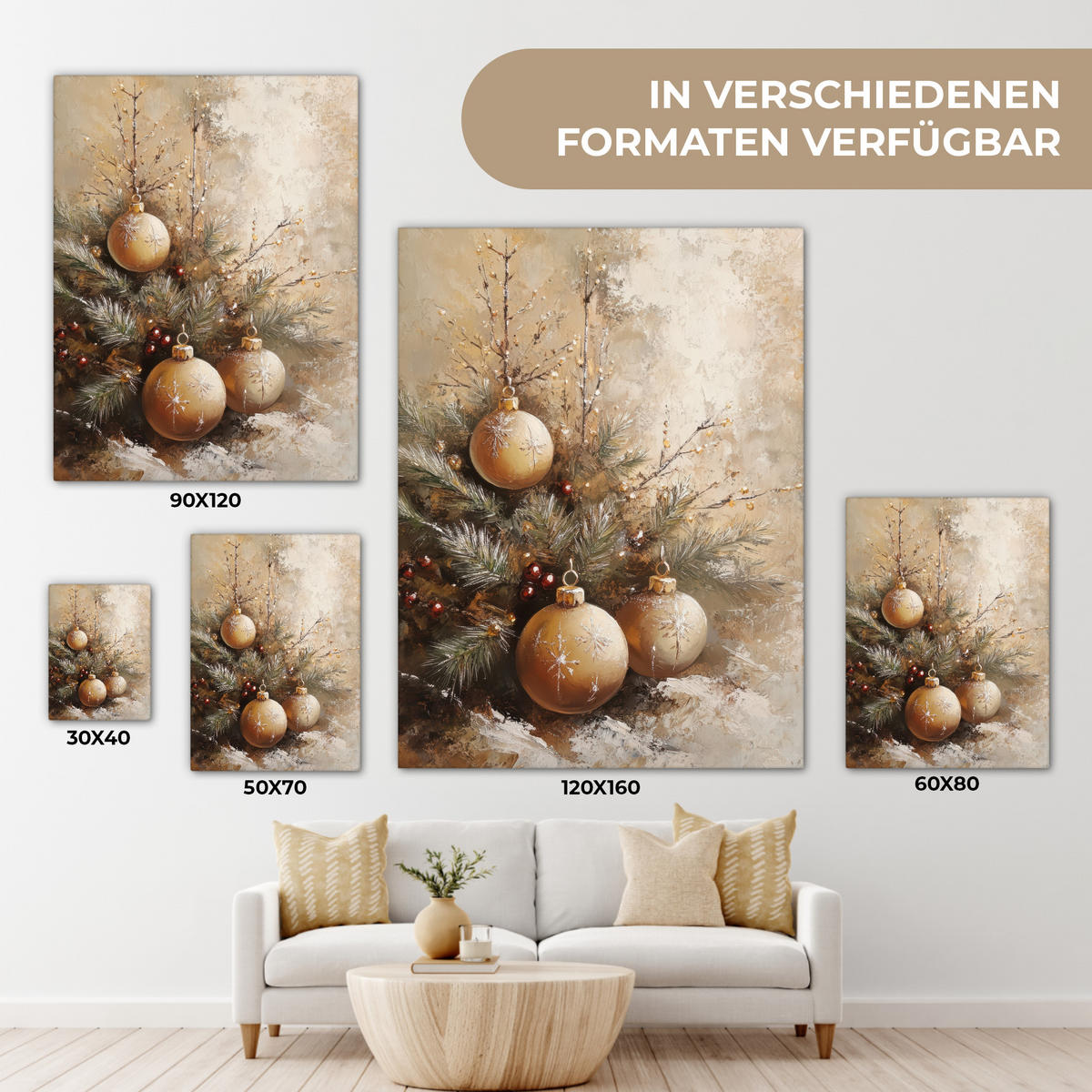 LEINWANDBILD Weihnachten - Kugeln - Beige - Gold 60x80 cm - Goldfarben, Textil (60/80cm) - MuchoWow