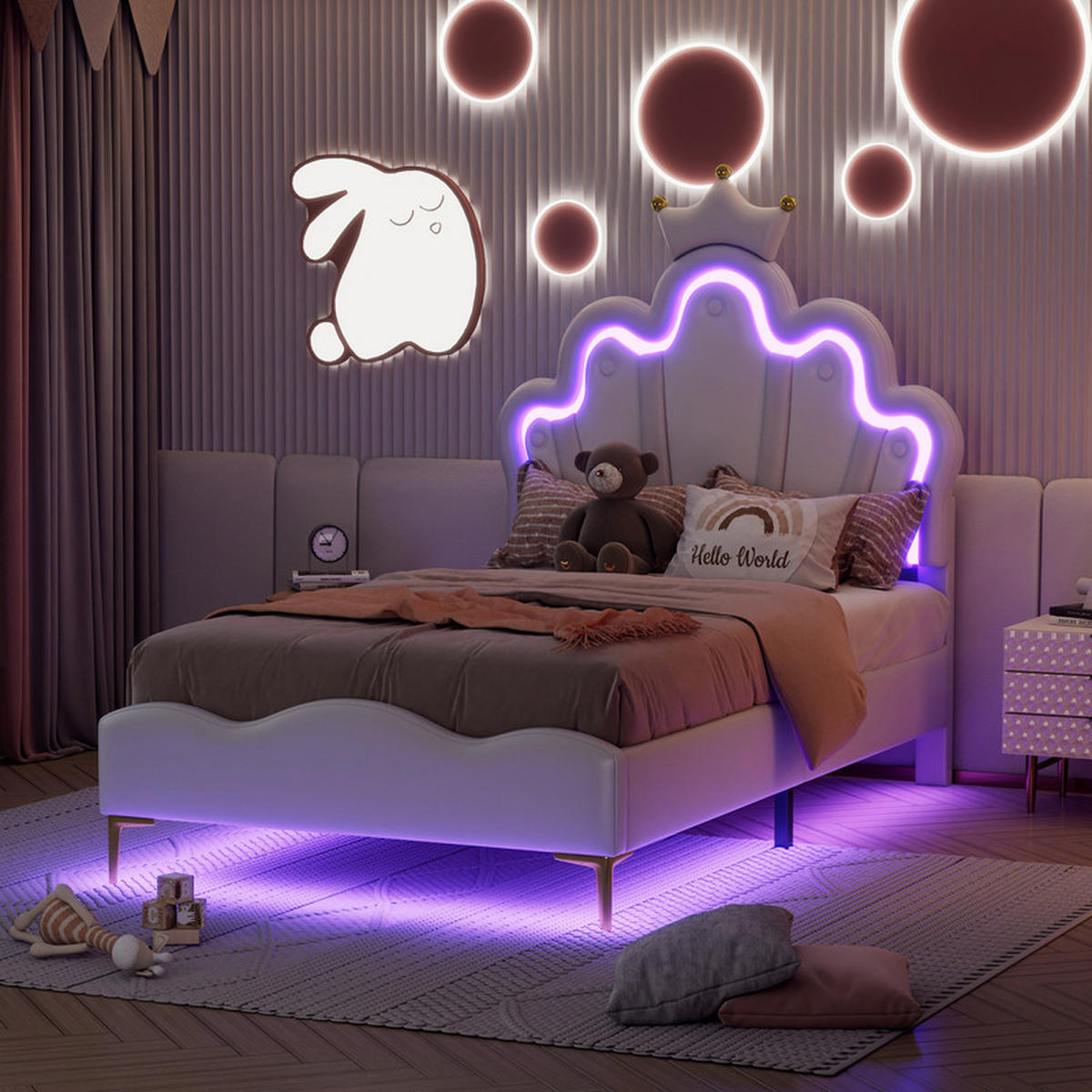 KINDERBETT 90x200 cm, mit LED-Lichtleiste und Lattenrost, PU, Weiß, ohne Matratze - Weiß, Holz (90/200cm) - WoodenAura