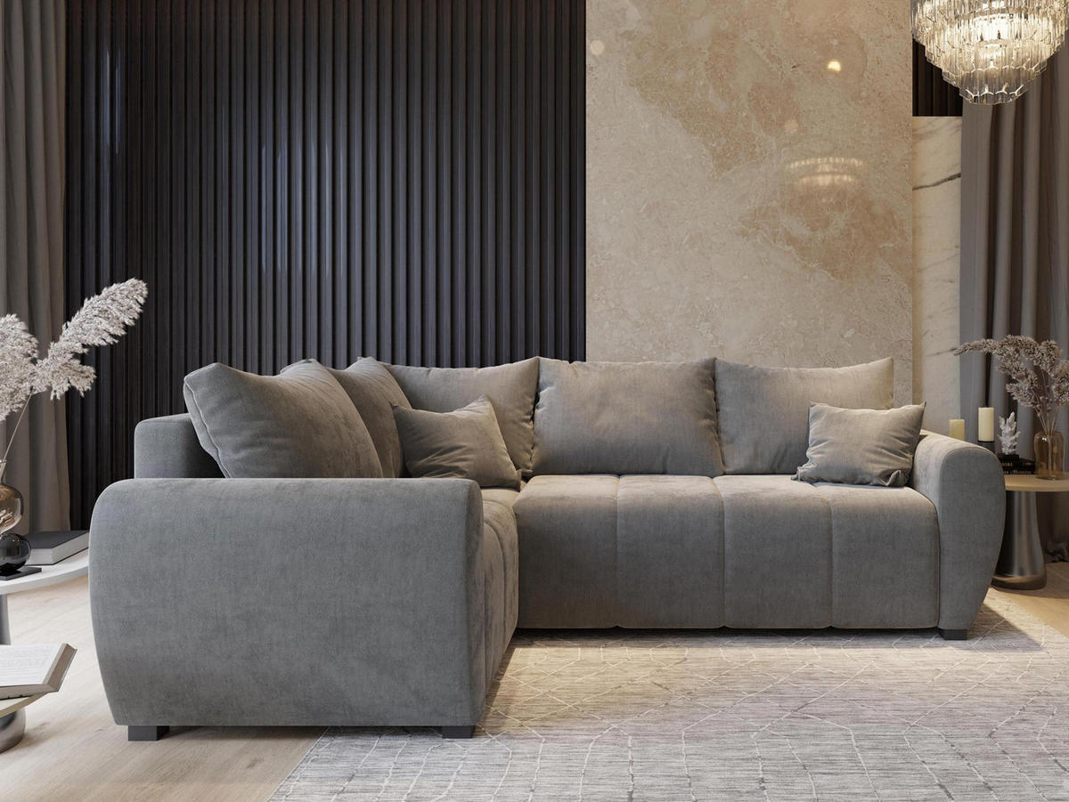 ECKSOFA MADISON L L-S Braun Plüsch-Stoff mit Schlaffunktion - Braun, Holz (235/175cm) - MASSENO