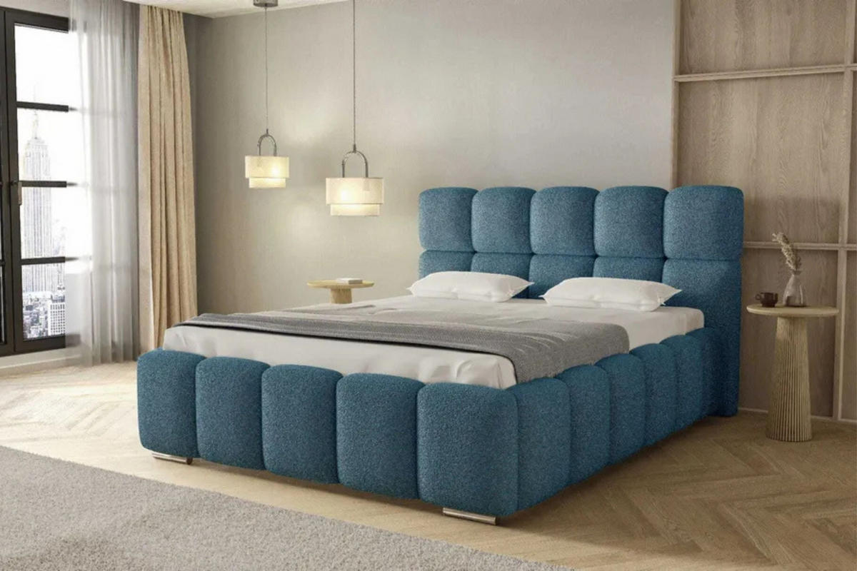 POLSTERBETT LUNA mit Kopfteil, 140 x 200 cm, Doppelbett mit Bettkasten und Lattenrost aus Metall, Boucle Stoff: Blau - Blau, Holz/Textil (140/200cm) - Agmat-Furniture