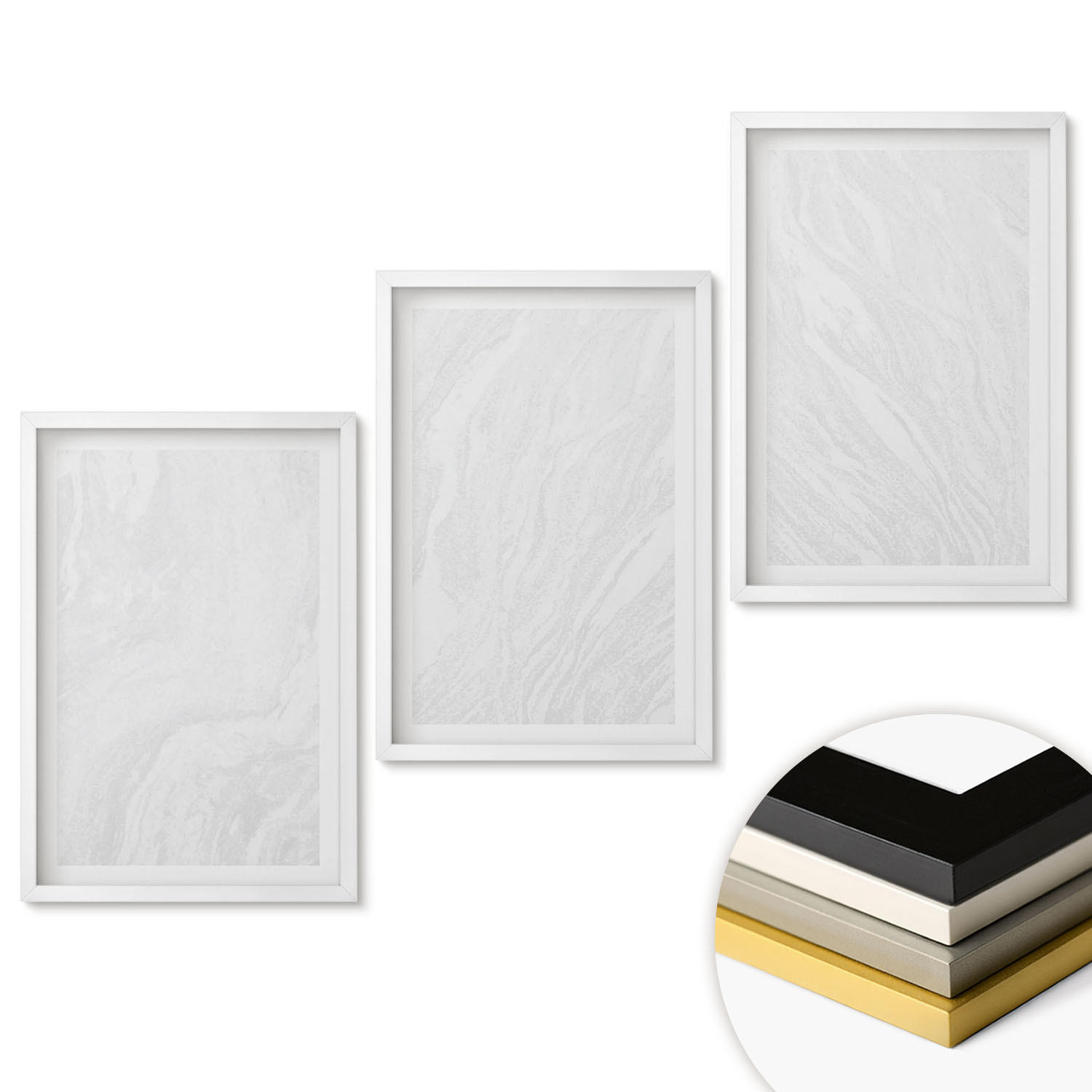 WANDBILDER 3er-Set - 40x60 cm Weißer Rahmen - Elegante Marmorstruktur - Weiß, Kunststoff (40/60cm) - ArtPrintCave