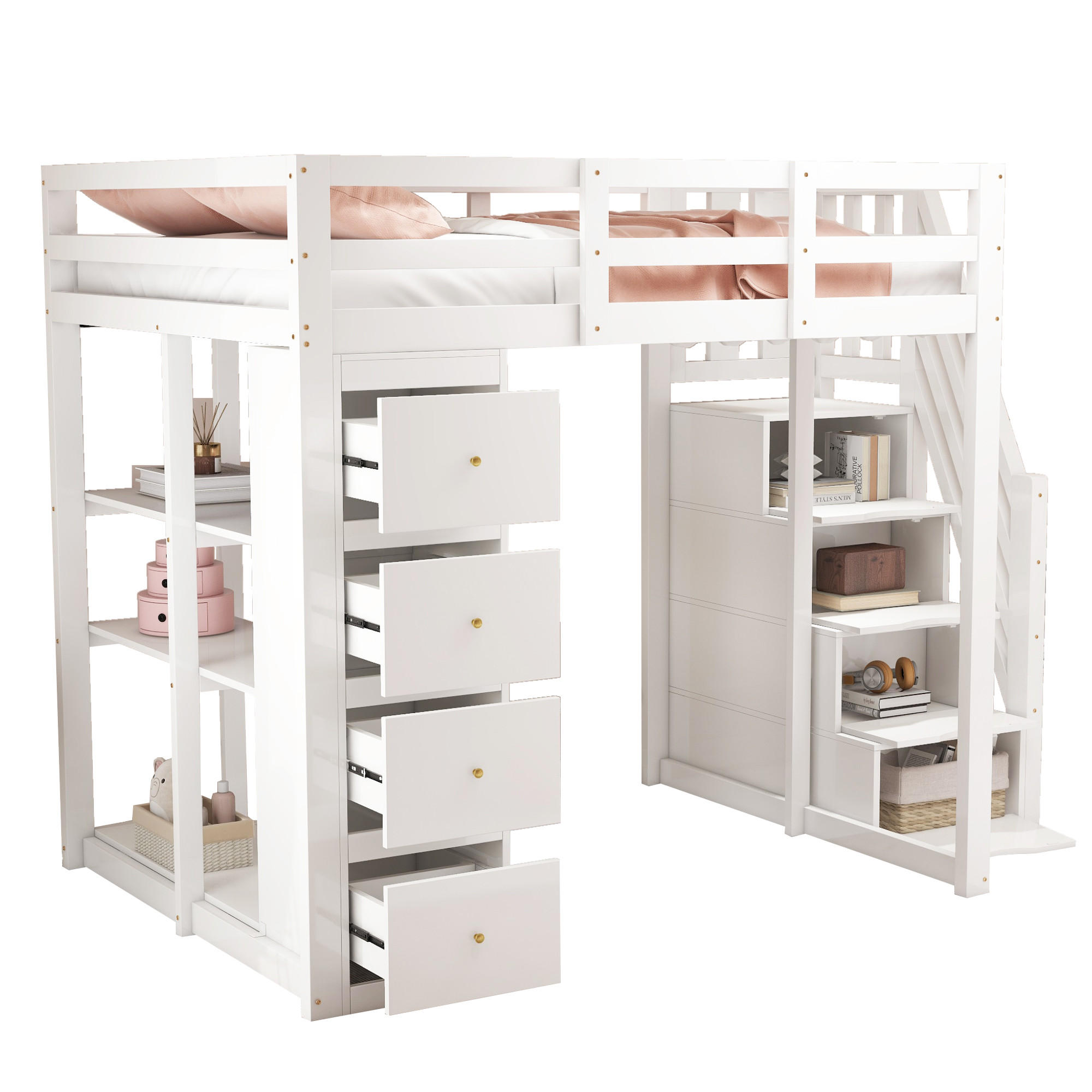 STILVORA HOCHBETT 140/200 cm in Weiß mit 4 Schubladen, Regal und Sicherheitsleiter