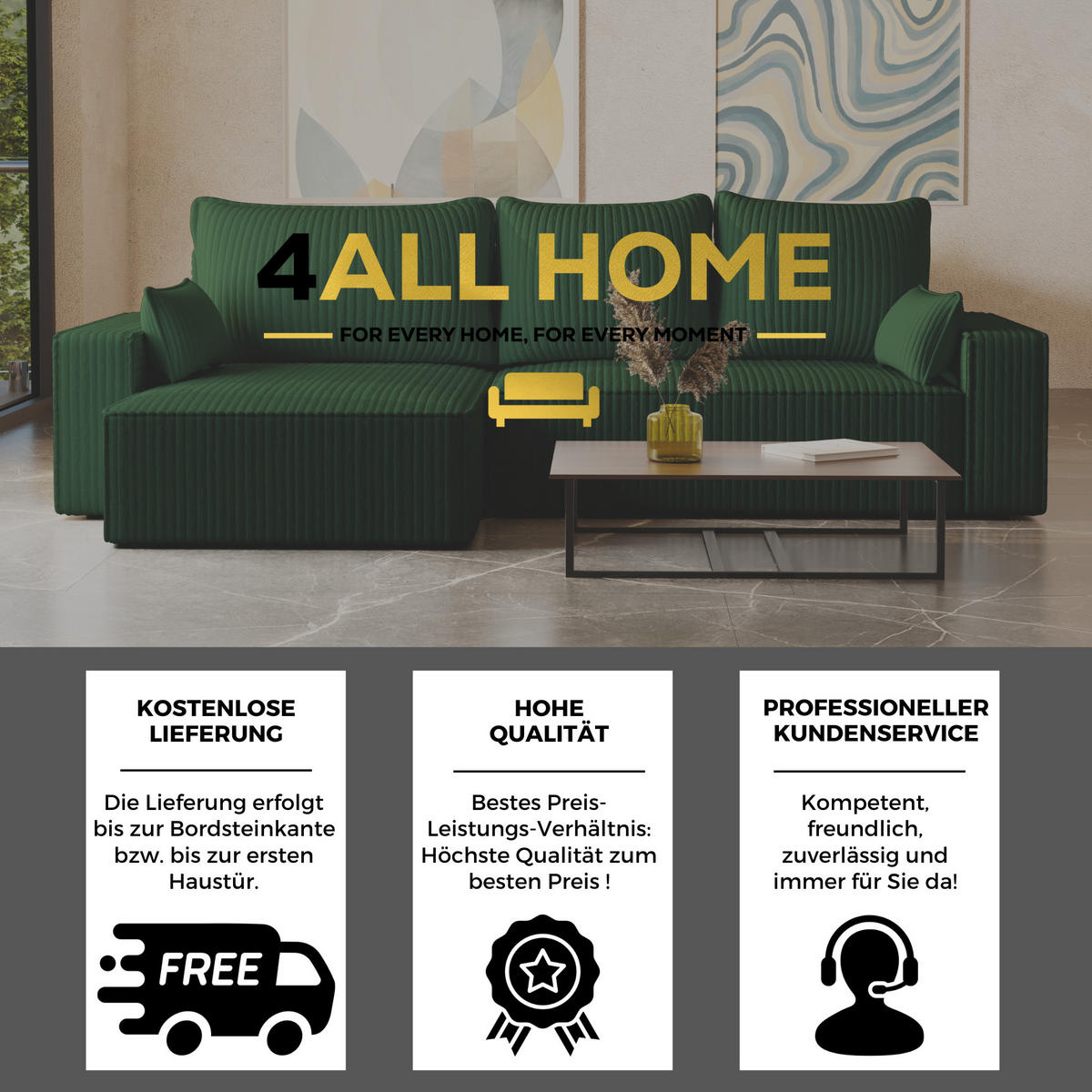 ECKSOFA Tobi mit Bettkasten und Schlaffunktion, L-Form/XL-Form, Cordstoff, Universal - Waldgrün, Holzwerkstoff (276/145cm) - 4ALL HOME