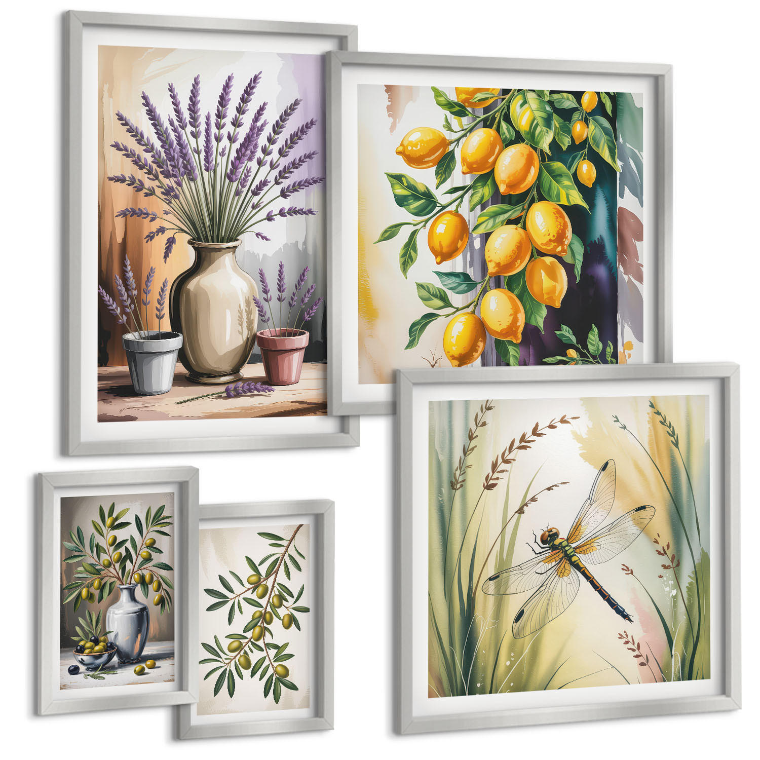 BILDER SET 5er Set - 50x50 cm & 20x30 cm & 40x60 cm Silberner Rahmen - Lavendelblüten und Architektur - Silberfarben, Kunststoff (40/60cm) - TULUP