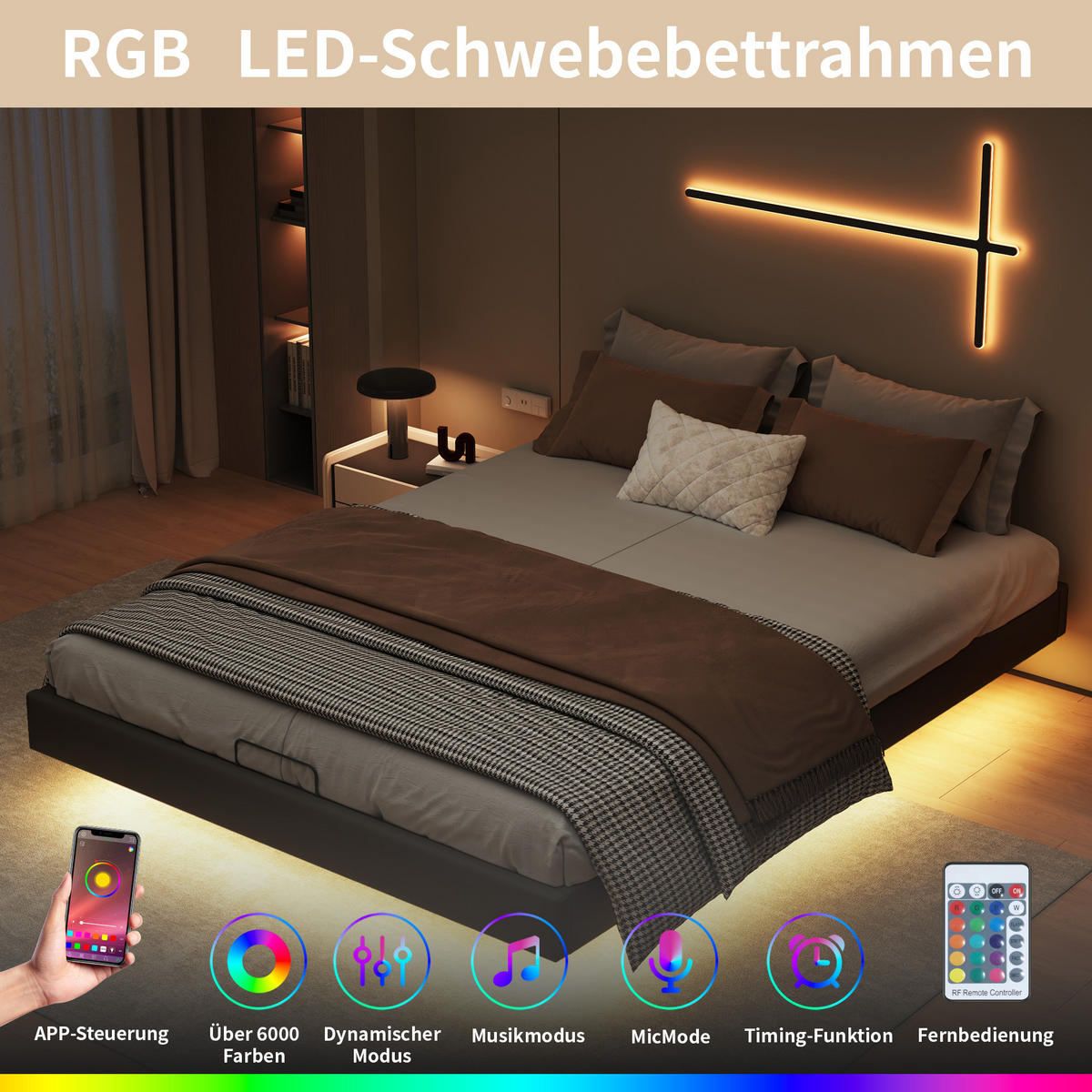 POLSTERBETT 160x200 cm, Schwarz, LED-Beleuchtung - Schwarz, Textil/Metall (160/200cm)