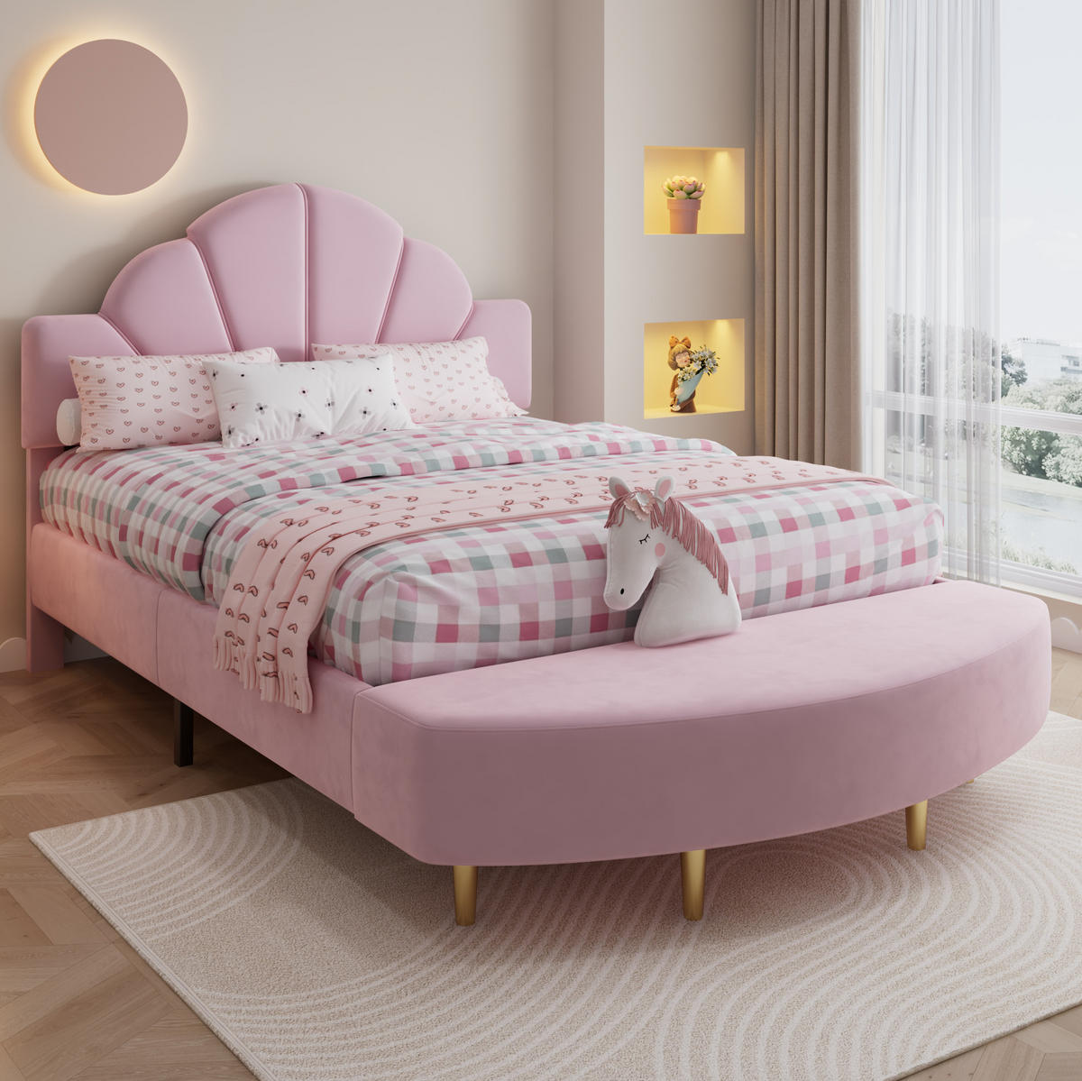 SAMT-POLSTERBETT 140/200 cm in Rosa mit gepolstertem Kopfteil und Bettbank - Rosa, Textil (140/200cm) - BEAOK