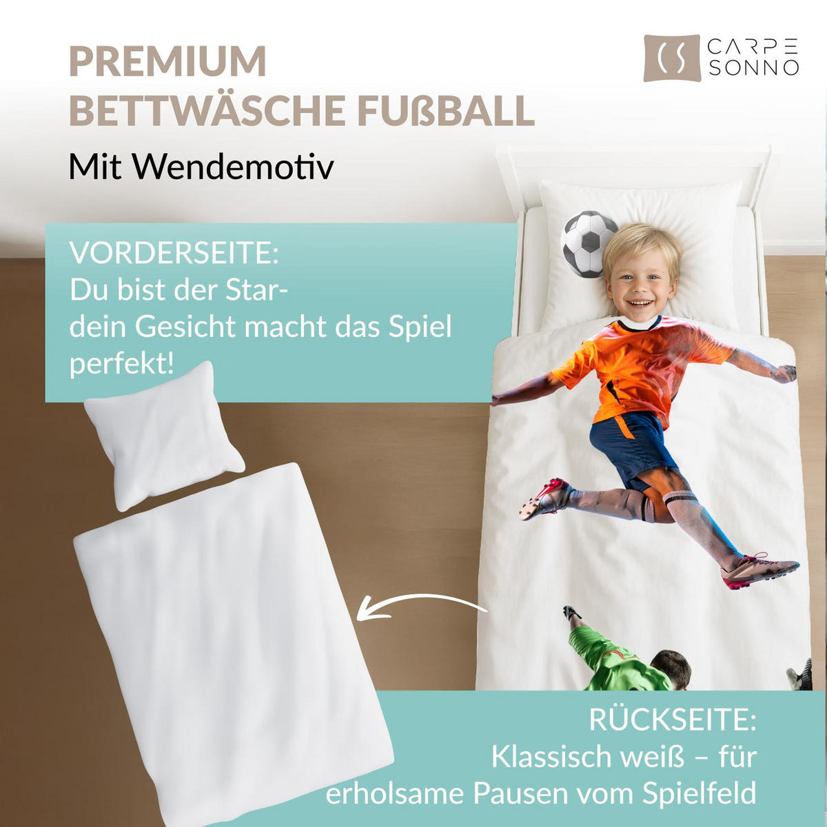 KINDERBETTWÄSCHE 135x200 Fussball aus 100% Baumwolle - Dein Gesicht vervollständigt das Design der Kinder Bettwäsche - Weiß, Textil (135/200cm) - Carpe Sonno