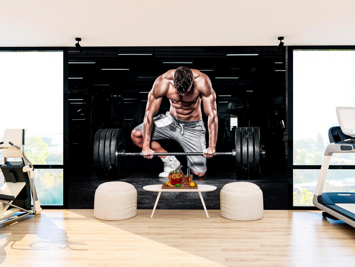 FOTOTAPETE Muskulöser Mann Fitnessstudio Training Sport 250x175 - Beige/Schwarz, Papier (250/175cm) - Muralo