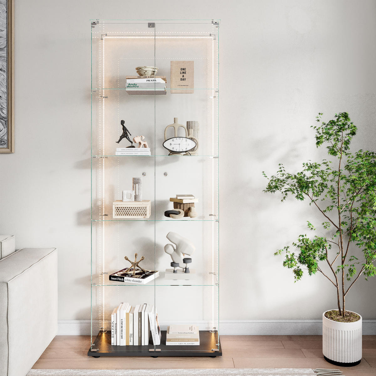 VITRINE 2 Türen, 5 Einlegeböden, LED Band, Glas, modern, mobil, Stauraum optimal - Schwarz, Glas (78.51/186.5/34.5cm) - EuroLiving