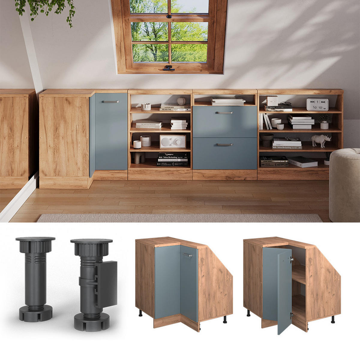 DACHSCHRÄGENSCHRANK ECKSCHRANK Rion Blau-Grau/Goldkraft Eiche 75.6 x 81.6 cm mit 1 Tür - Honigeiche/Blaugrau, Holzwerkstoff (75.6/81.6/75.6cm) - Vicco