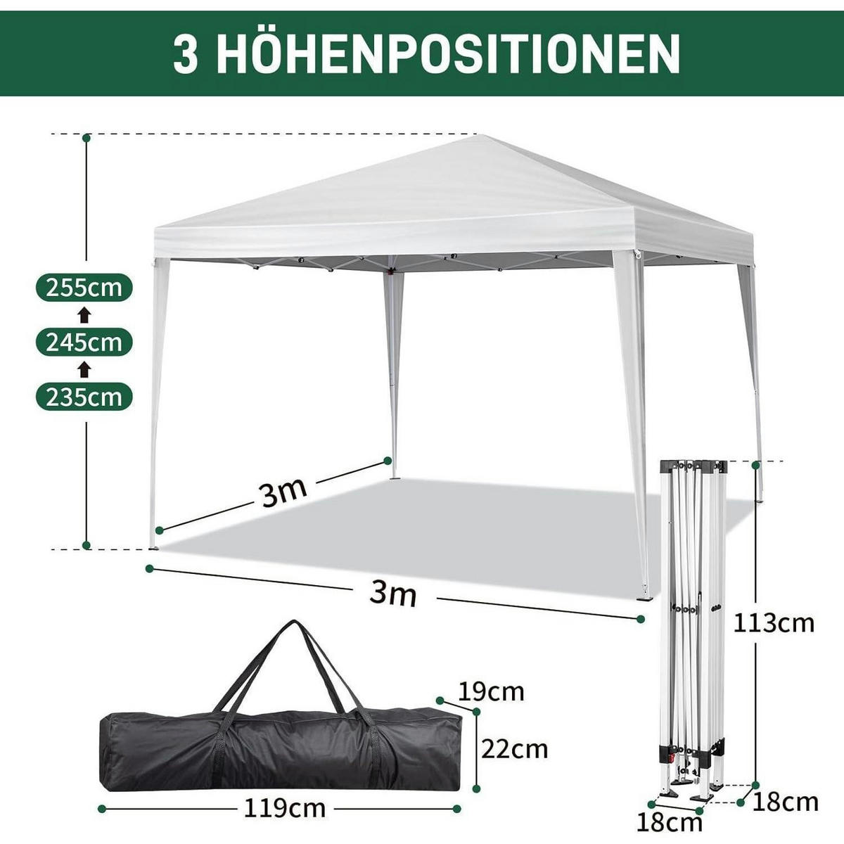 POP-UP Faltpavillon 3 x 3 m mit 4 Seitenteilen, weiß - Weiß, Textil (300/255/300cm)
