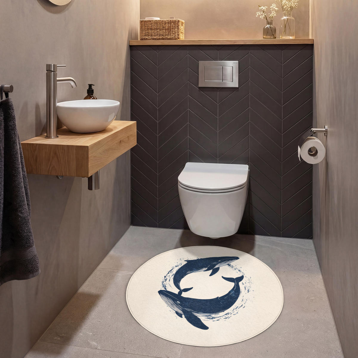 WC PŘEDLOŽKA Velryby - Stříkance - Kruh - Tmavě modrá 70x70 cm - tmavě modrá, textil/plast (70/1cm) - OnlyWow