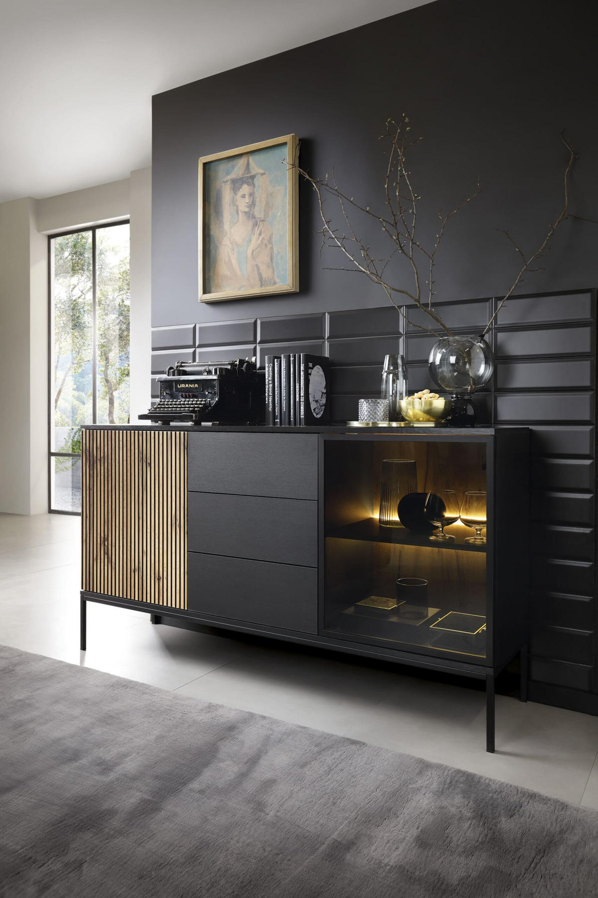 KOMMODE - Sentino SSZ154 LED - Schwarz, Holzwerkstoff/Metall (154/83/39cm) - Möblo