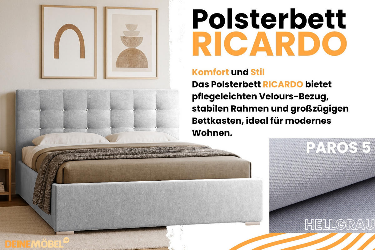 POLSTERBETT RICARDO 200/200 in Velours Hellgrau - Hellgrau, Holz/Holzwerkstoff (200/200cm) - Deine Möbel 24