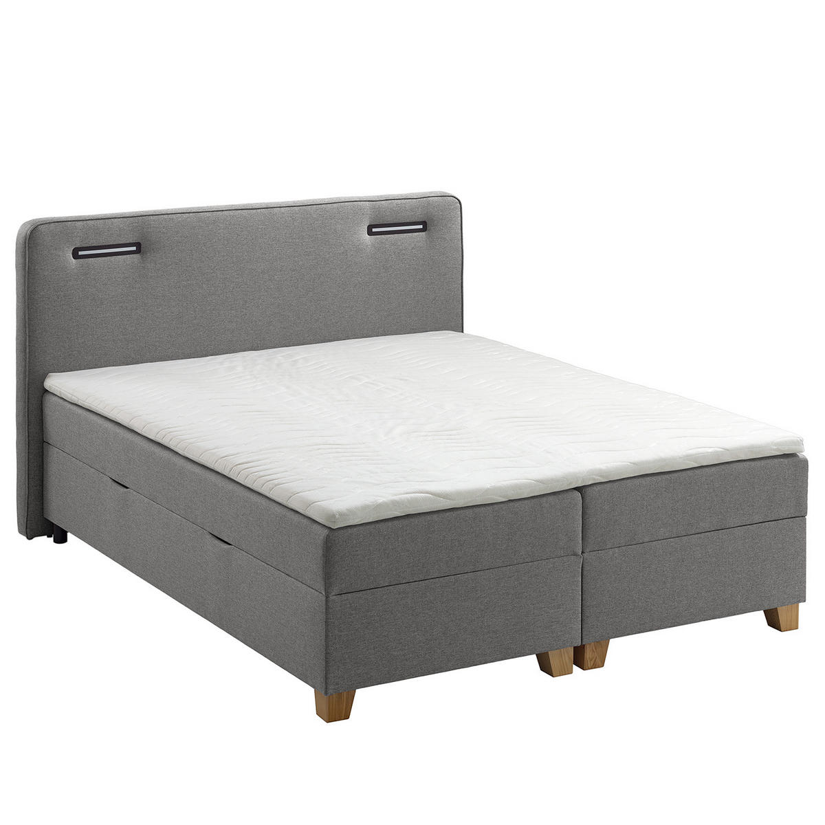 BOXBETT mit Stauraum - inkl. Beleuchtung - Taupe/Grau, Holz/Textil (180/200cm) - home24