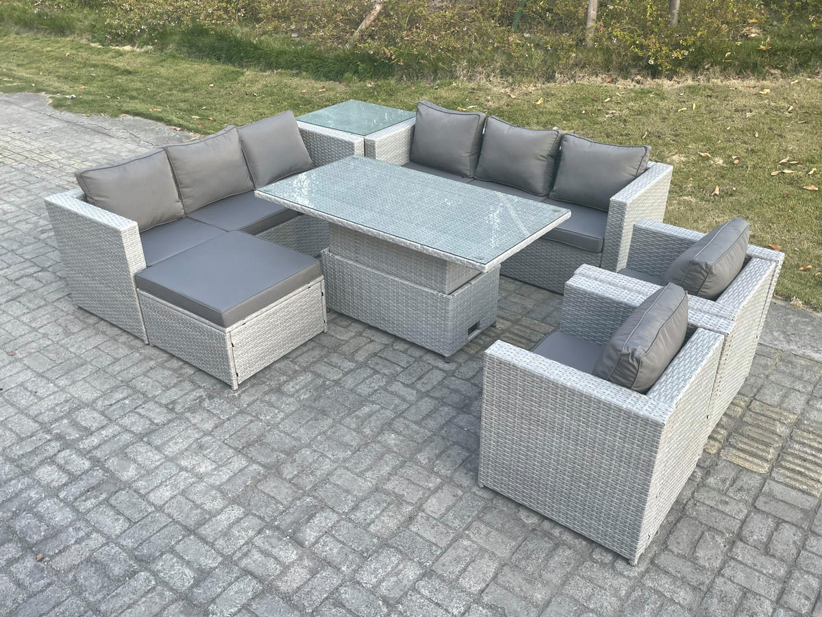GARTENMÖBEL SET mit höhenverstellbarer Tisch Polyrattan Helles Grau 9-Sitzer - Hellgrau, Metall - Fimous