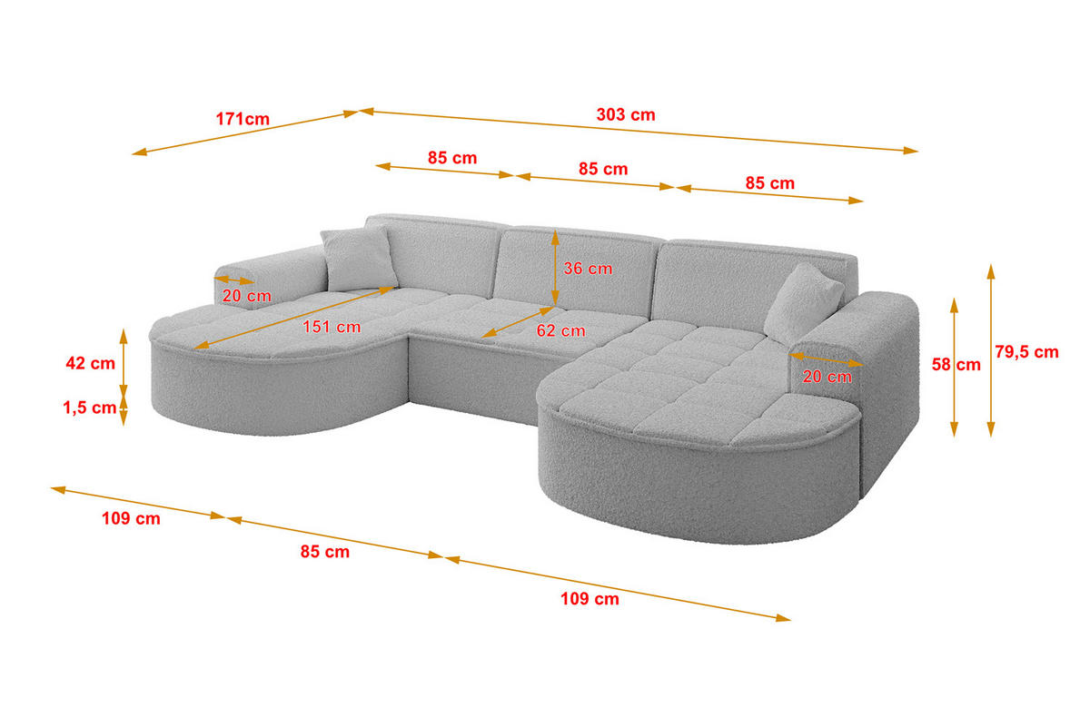 WOHNLANDSCHAFT TARO-U1 - 303x171x79,5 cm Hellgrau - Hellgrau, Holzwerkstoff/Textil (303/79.5/171cm) - ALTDECOR