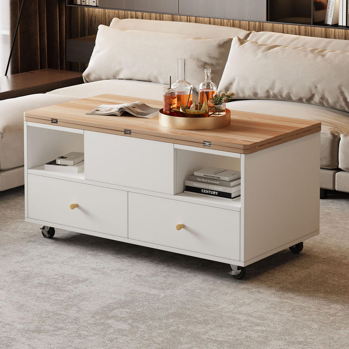 COUCHTISCH 100x50cm Höhenverstellbar Hydraulik Klappbar 4 Schubladen Rollen - Braun, Holz (63.5/52.71/24.77cm) - FLIEKS