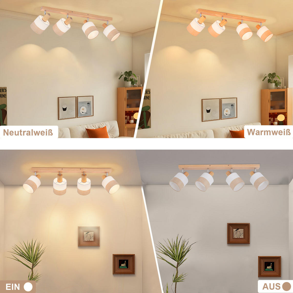 DECKENSTRAHLER Leniq 16/13/68 cm - Beige, Holz (68/16/13cm) - ZMH