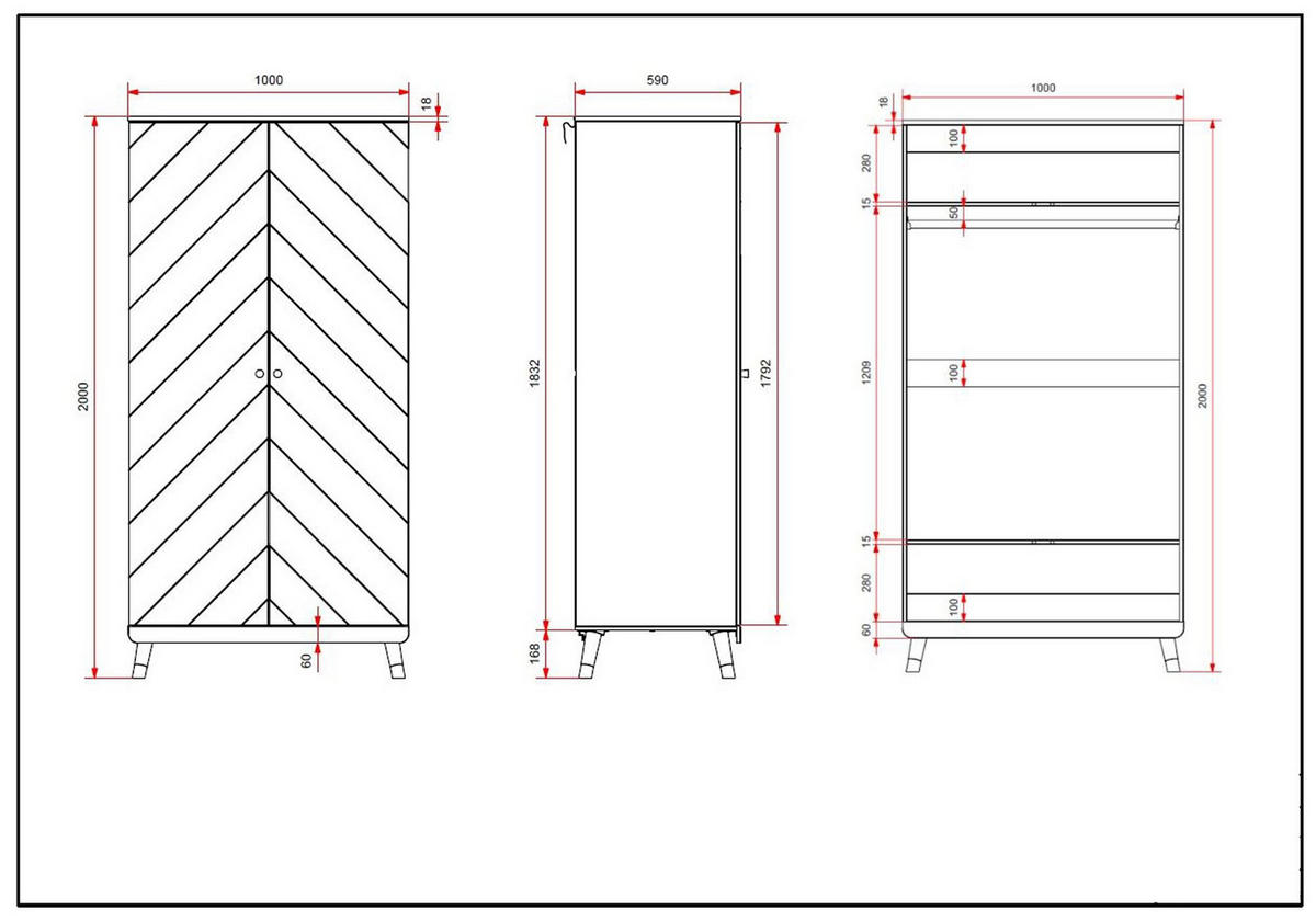 KLEIDERSCHRANK Kamillah 100x59x200 mit 2 Türen aus MDF in Satin Weiß - Weiß, Holzwerkstoff (100/200/59cm) - 58aufmkessel