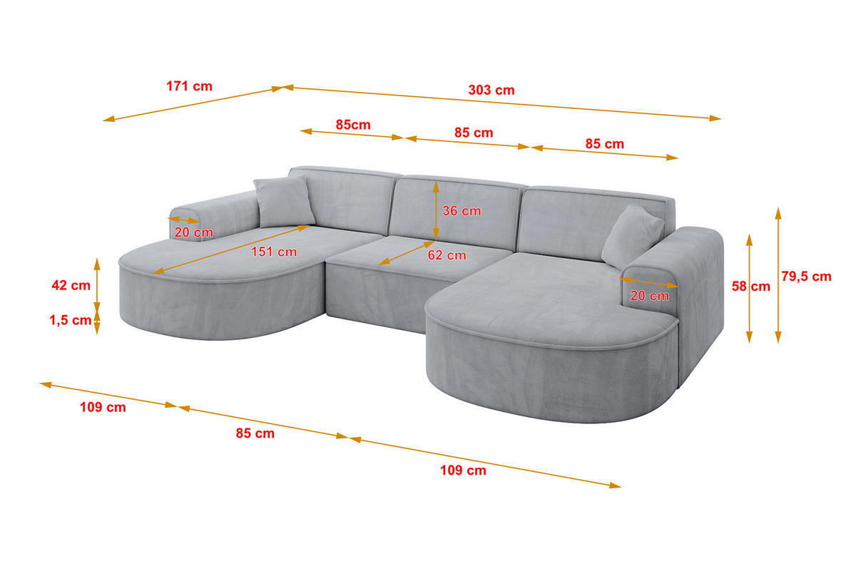 WOHNLANDSCHAFT MARI-U1 - 303x171x79 cm Grau Velours - Schwarz/Grau, Holzwerkstoff/Kunststoff (303/79/171cm) - ALTDECOR