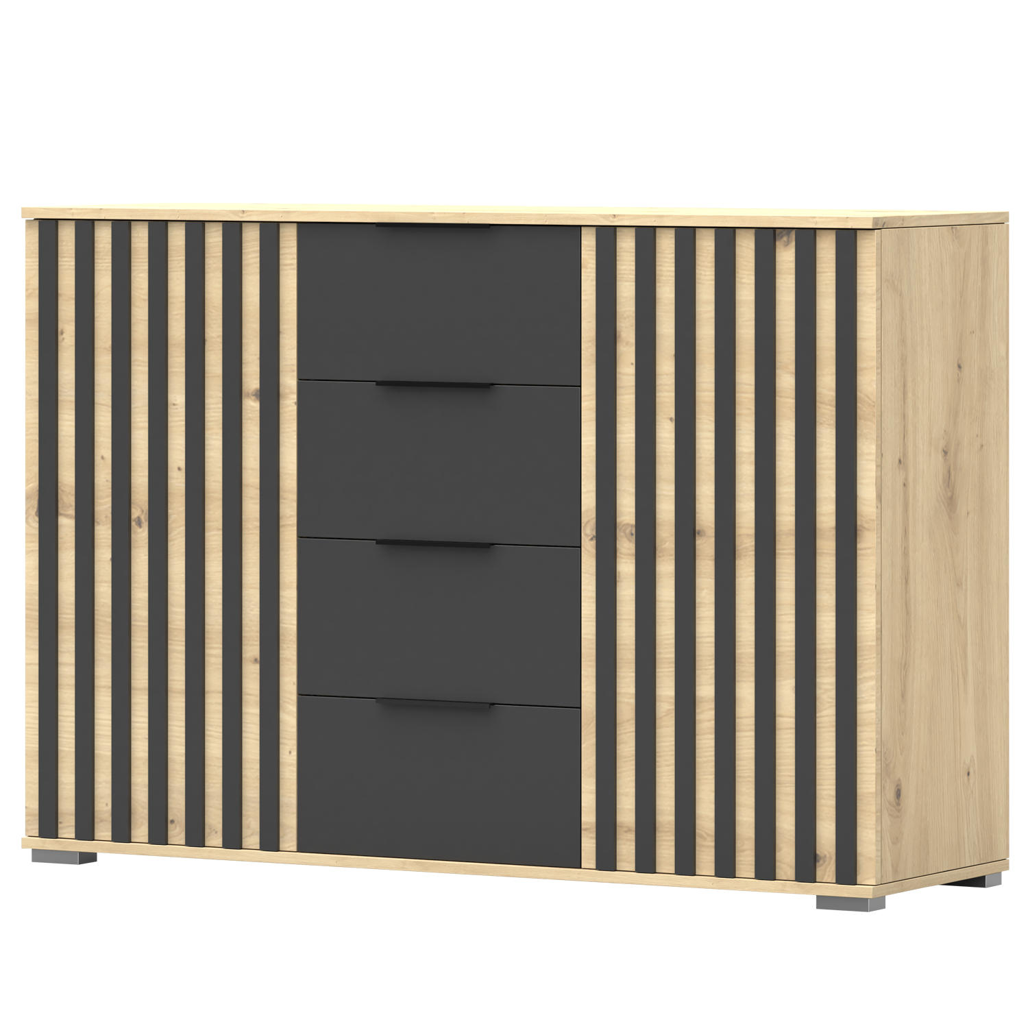 Thumbnail - imoebel24 Kommode, Eiche Artisan, Schwarz, Holzwerkstoff, 4 Fächer, 4 Schubladen, Rechteckig, 135x44x42 cm, Wohnzimmer, ...